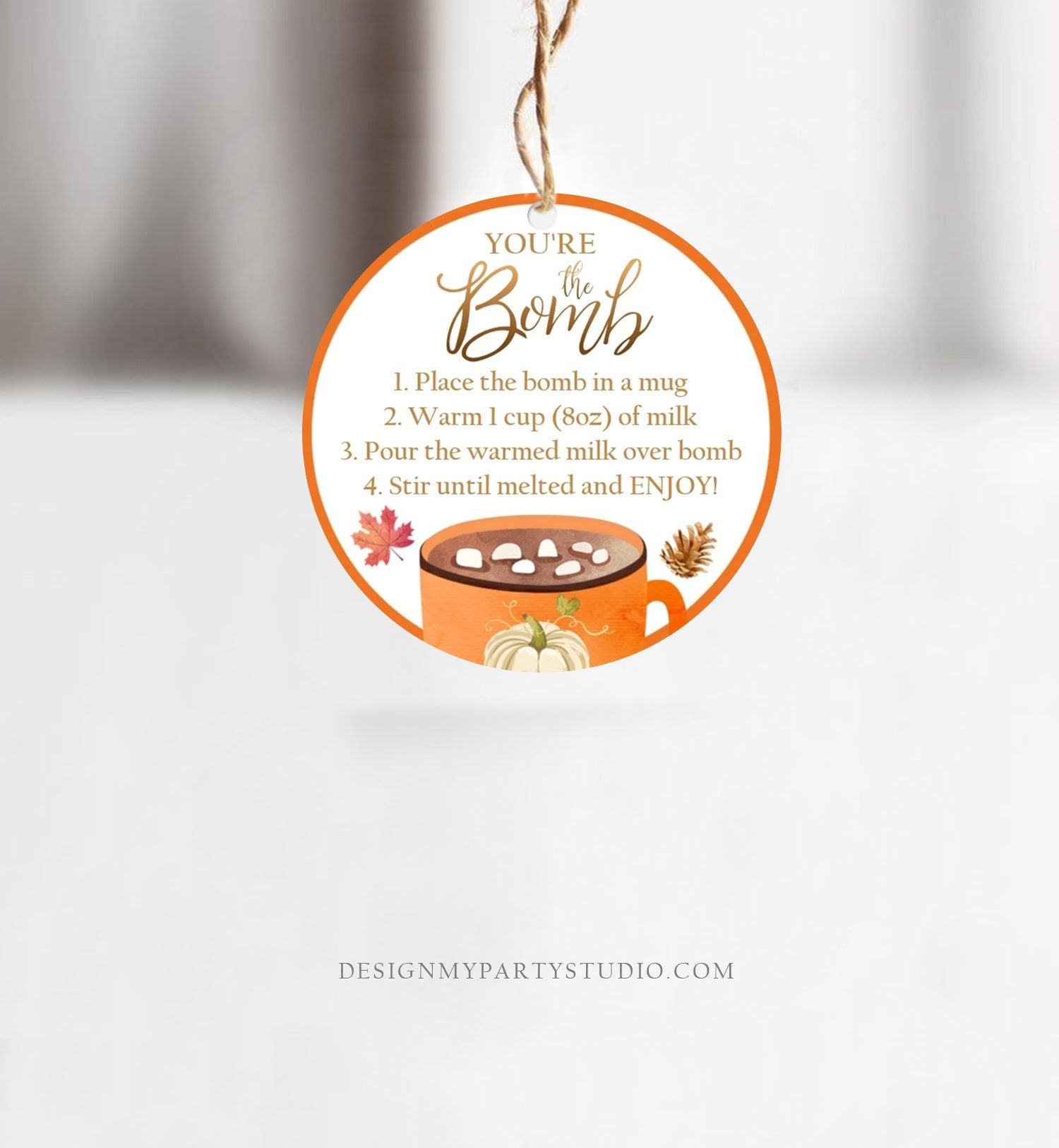 Editable Fall Hot Chocolate Bomb Tags Bomb Instructions Thanksgiving Pumpkin Orange Favor Tags You're The Bomb Tag Digital PRINTABLE 0353