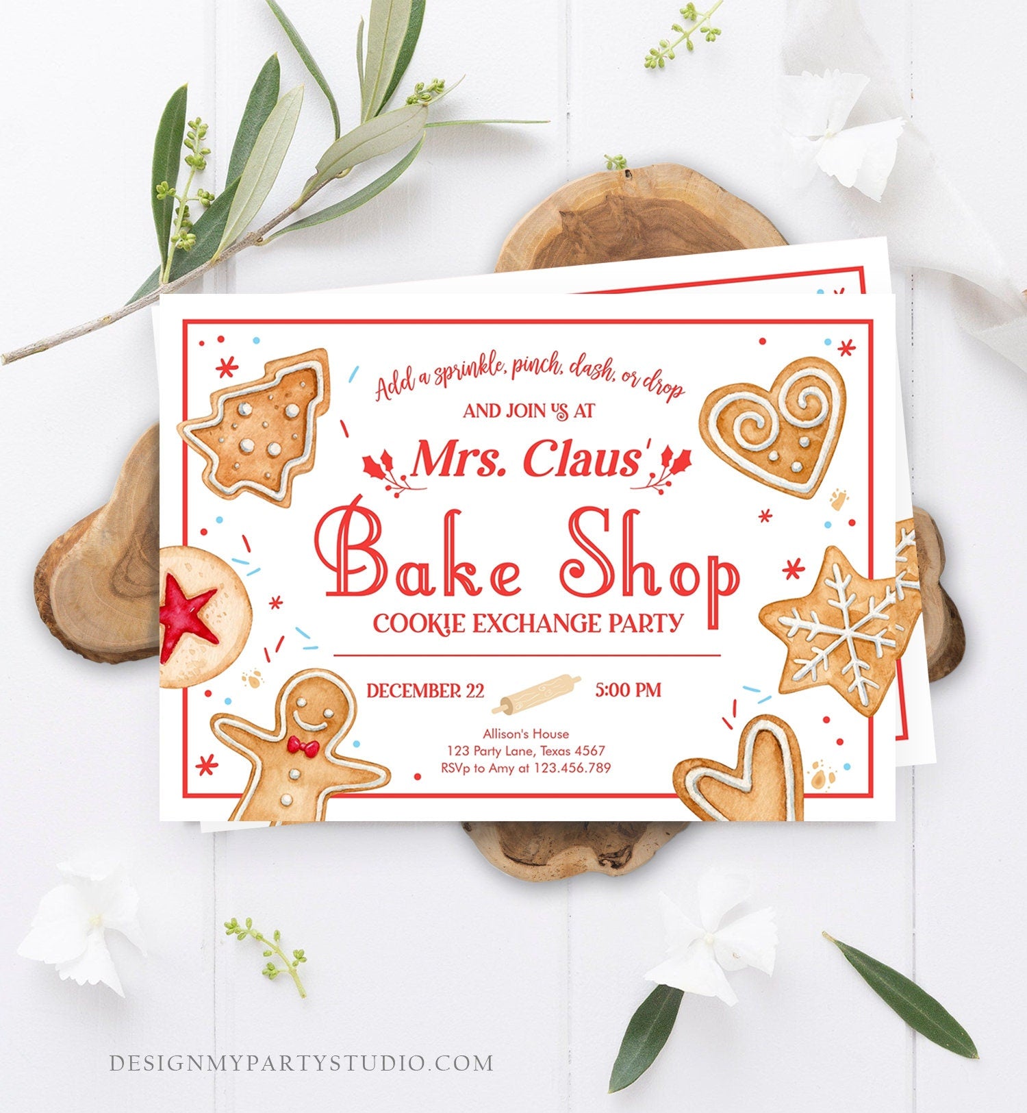 Editable Holiday Cookie Exchange Party Invitation Mrs. Claus Bake Shop Cookie Christmas Red Invite Download Printable Template Corjl 0360