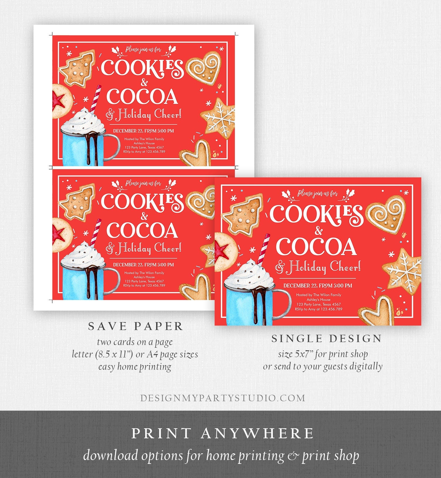Editable Cookies and Cocoa Invitation Hot Cocoa Party Invite Hot Chocolate Holiday Cookie Exchange Download Printable Template Corjl 0360
