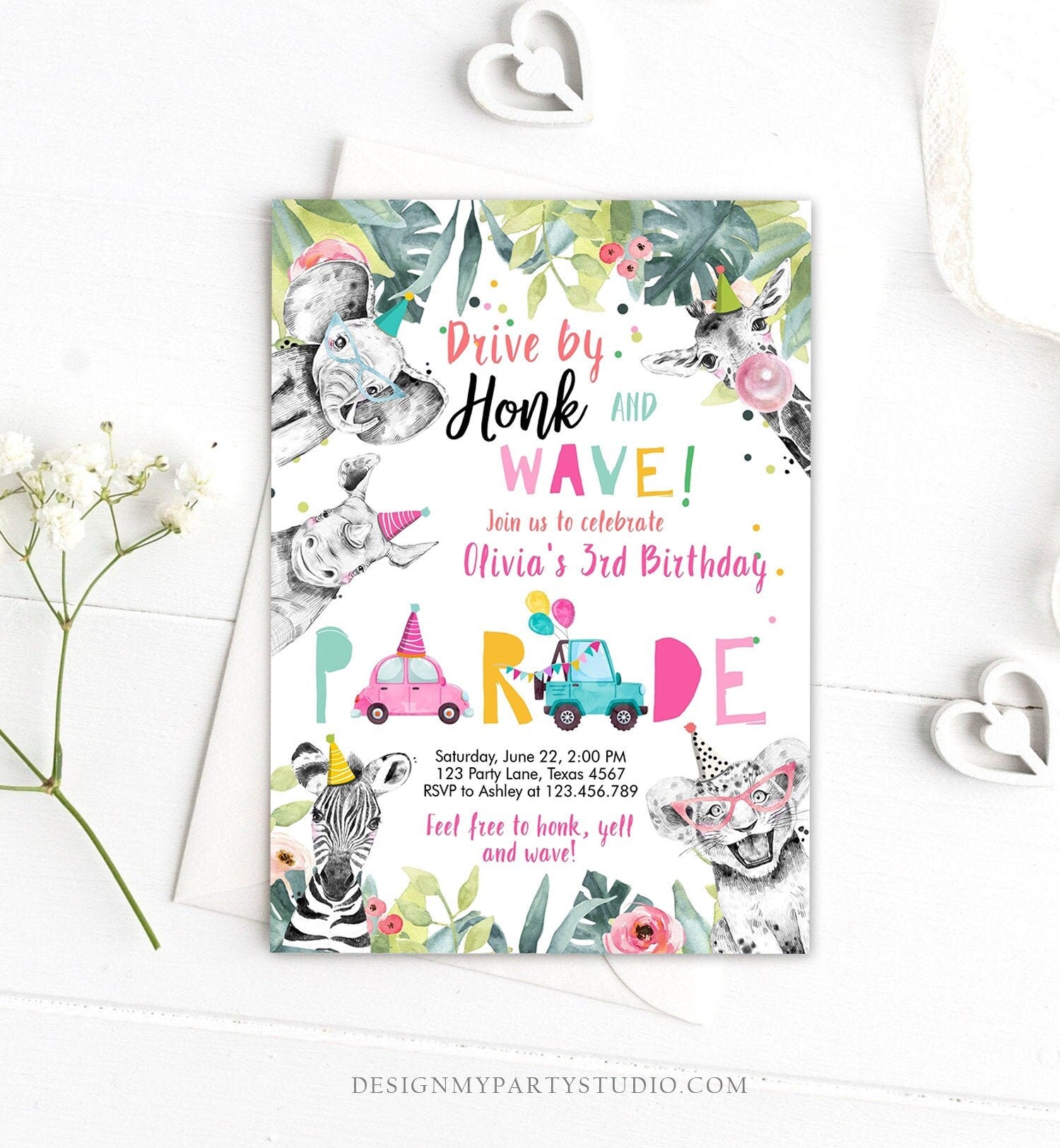 Editable Drive By Birthday Parade Invitation Party Animals Invite Honk Wave Car Girl Pink Quarantine Instant Download Digital Corjl 0322