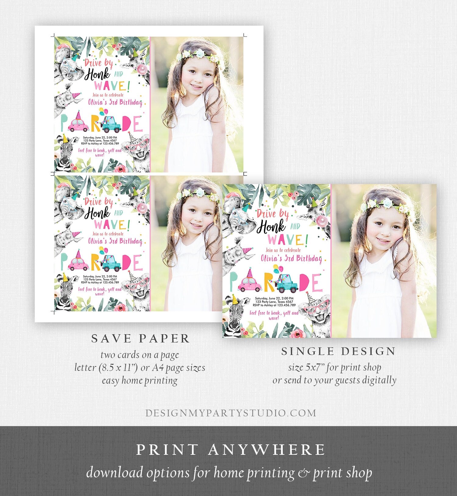 Editable Drive By Birthday Parade Invitation Party Animals Invite Honk Wave Car Girl Pink Quarantine Instant Download Digital Corjl 0322