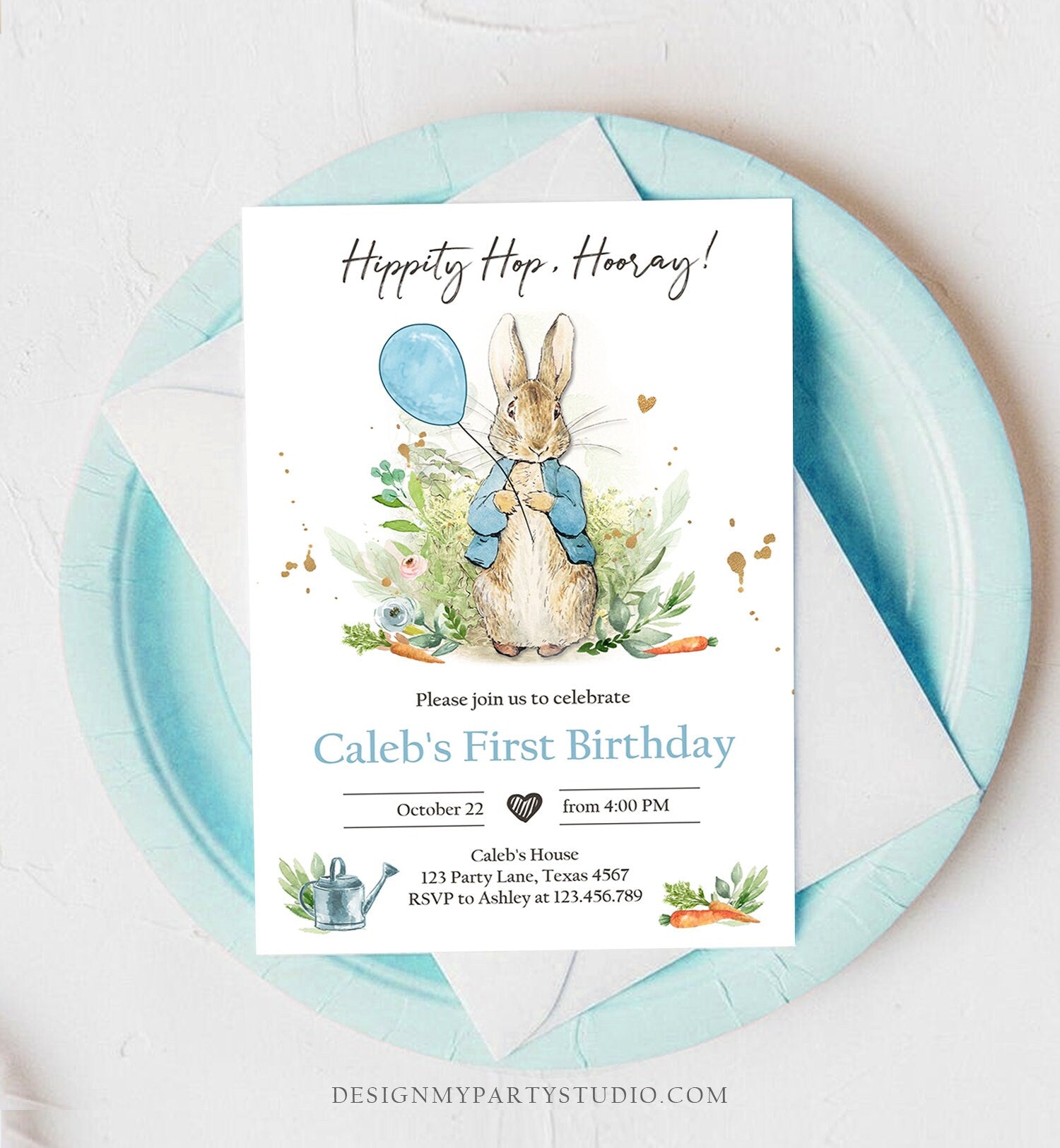 Editable Peter Rabbit Birthday Invitation Boy Blue Rustic Peter Rabbit 1st Birthday Invite Watercolor Digital Corjl Template Printable 0351