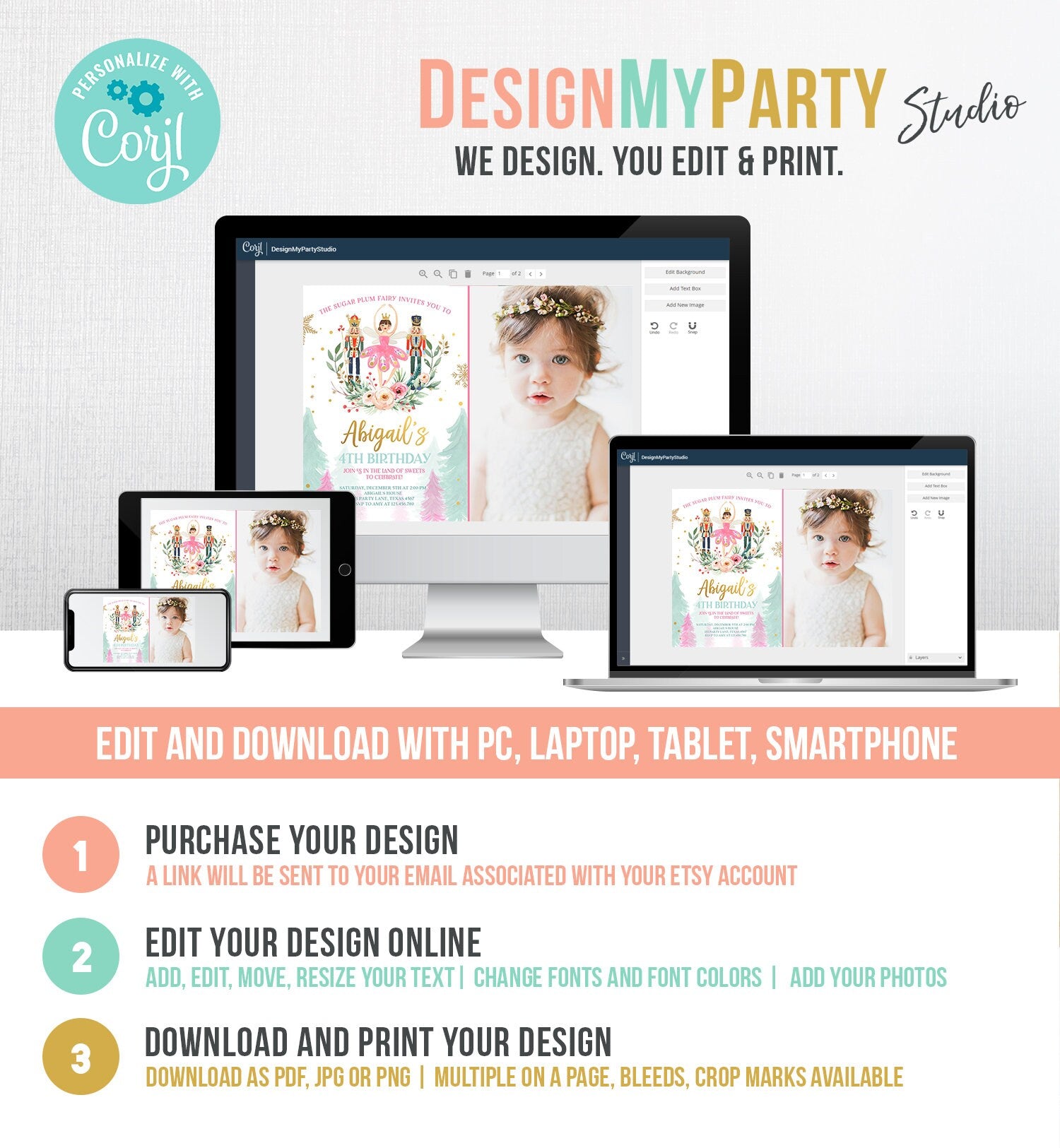 Editable Nutcracker Birthday Invitation Ballet Christmas Birthday Invite Pink Girl Sugar Plum Fairy Download Printable Template Corjl 0352