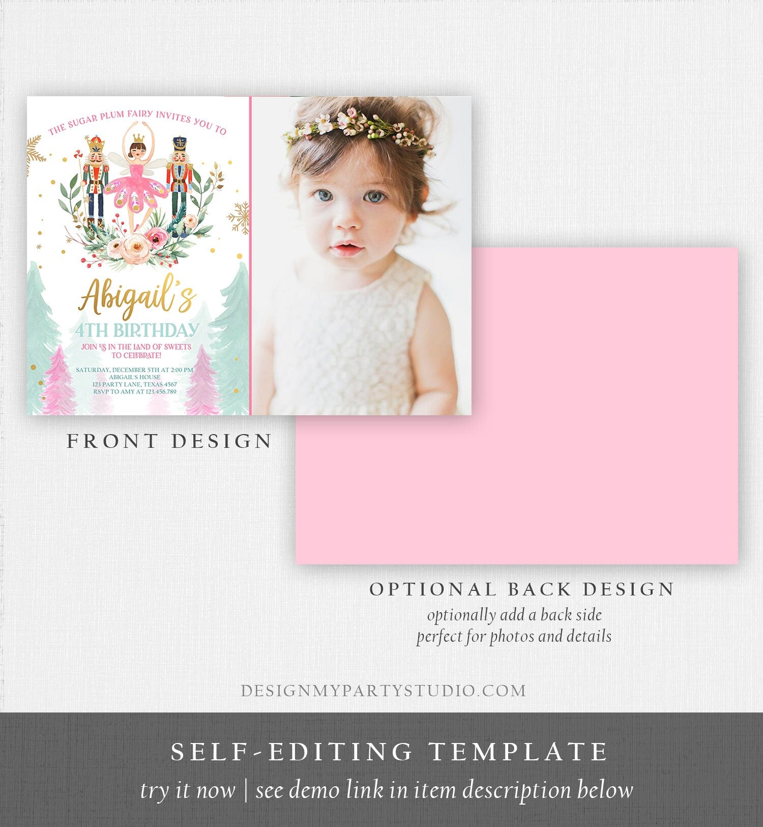 Editable Nutcracker Birthday Invitation Ballet Christmas Birthday Invite Pink Girl Sugar Plum Fairy Download Printable Template Corjl 0352