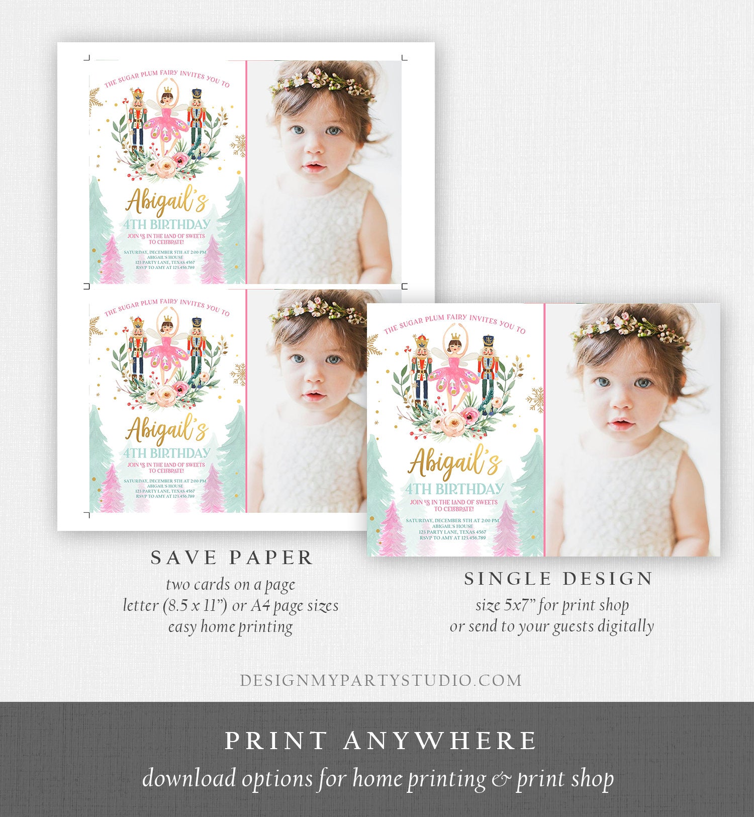 Editable Nutcracker Birthday Invitation Ballet Christmas Birthday Invite Pink Girl Sugar Plum Fairy Download Printable Template Corjl 0352