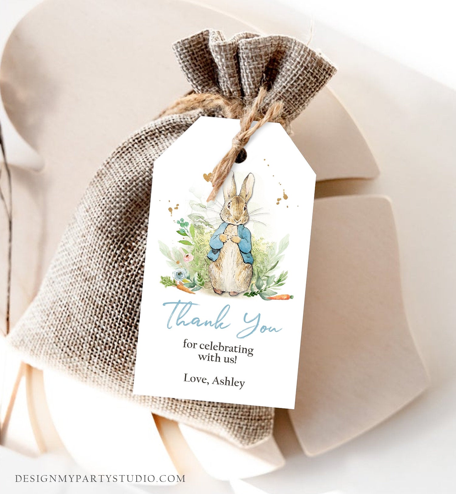 Editable Peter Rabbit Baby Shower Favor Tags Bunny Thank you Tags Gender Neutral Labels Watercolor Printable Download Corjl Template 0351
