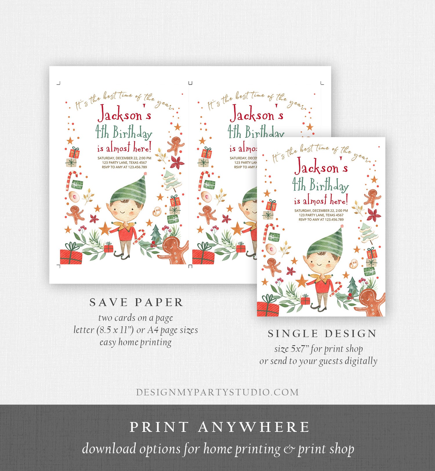 Editable Christmas Birthday Party Invitation Elf Birthday Invite Winter Best Time of The Year Boy Elf Party Printable Template DIY 0358
