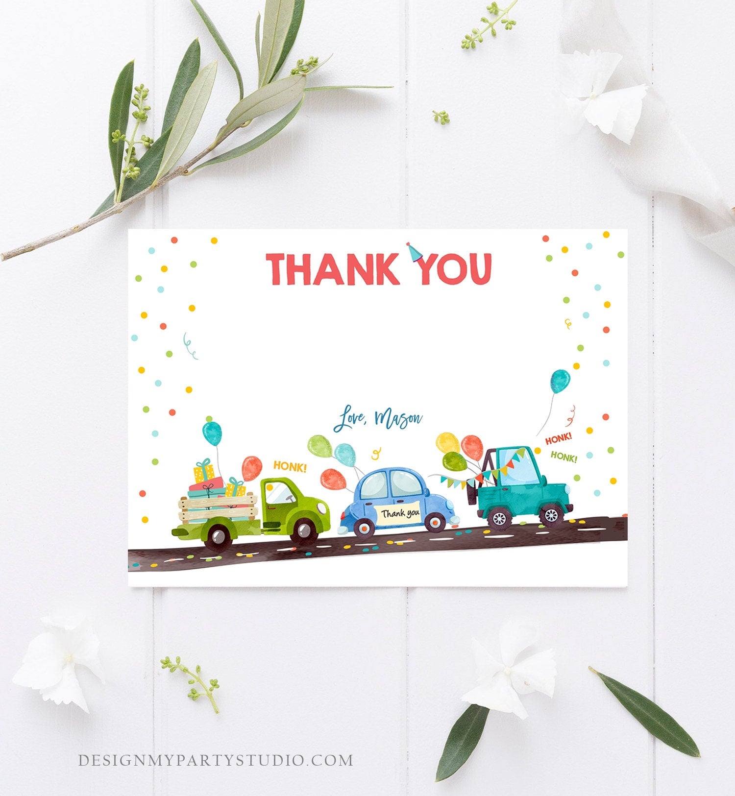 Editable Drive By Birthday Parade Thank You Card Virtual Party Invite Honk Wave Car Boy Blue Quarantine Instant Download Digital Corjl 0333
