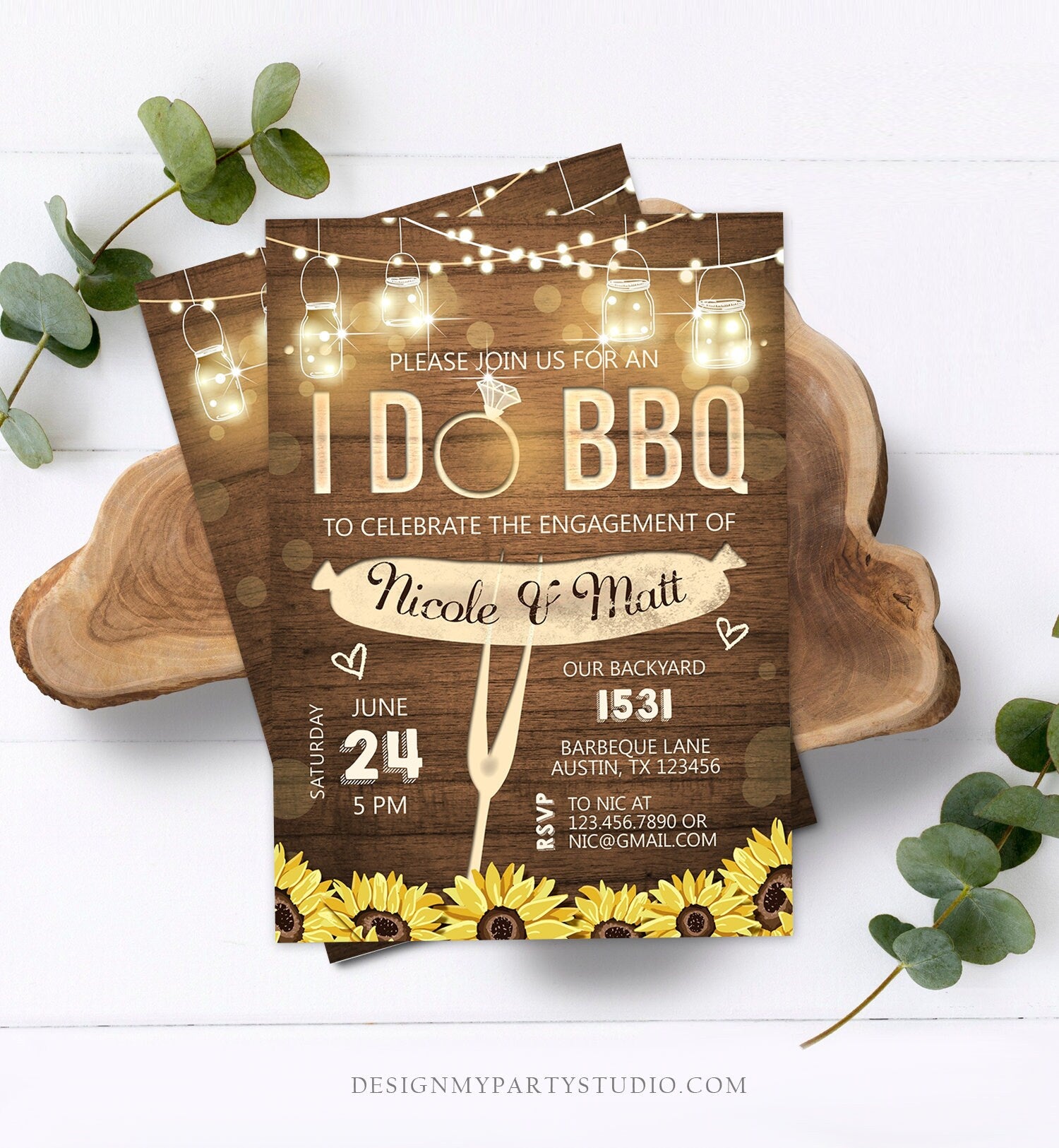 Editable I Do BBQ Invitation Couples Shower Invite Engagement Party Rustic Wood Lights Sunflowers Printable Template Corjl Digital 0015