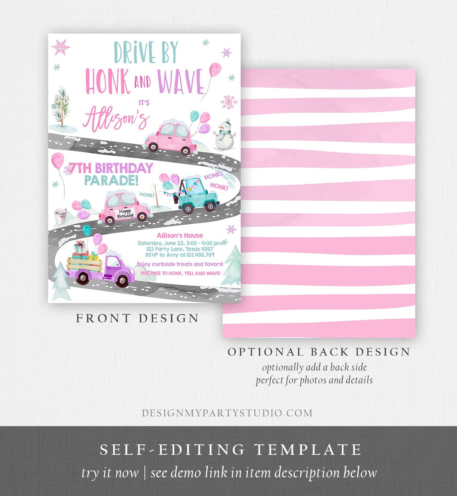 Editable Winter Drive By Birthday Invitation Parade Winter Onederland Virtual Party Invite Girl Pink Quarantine Download Digital Corjl 0333