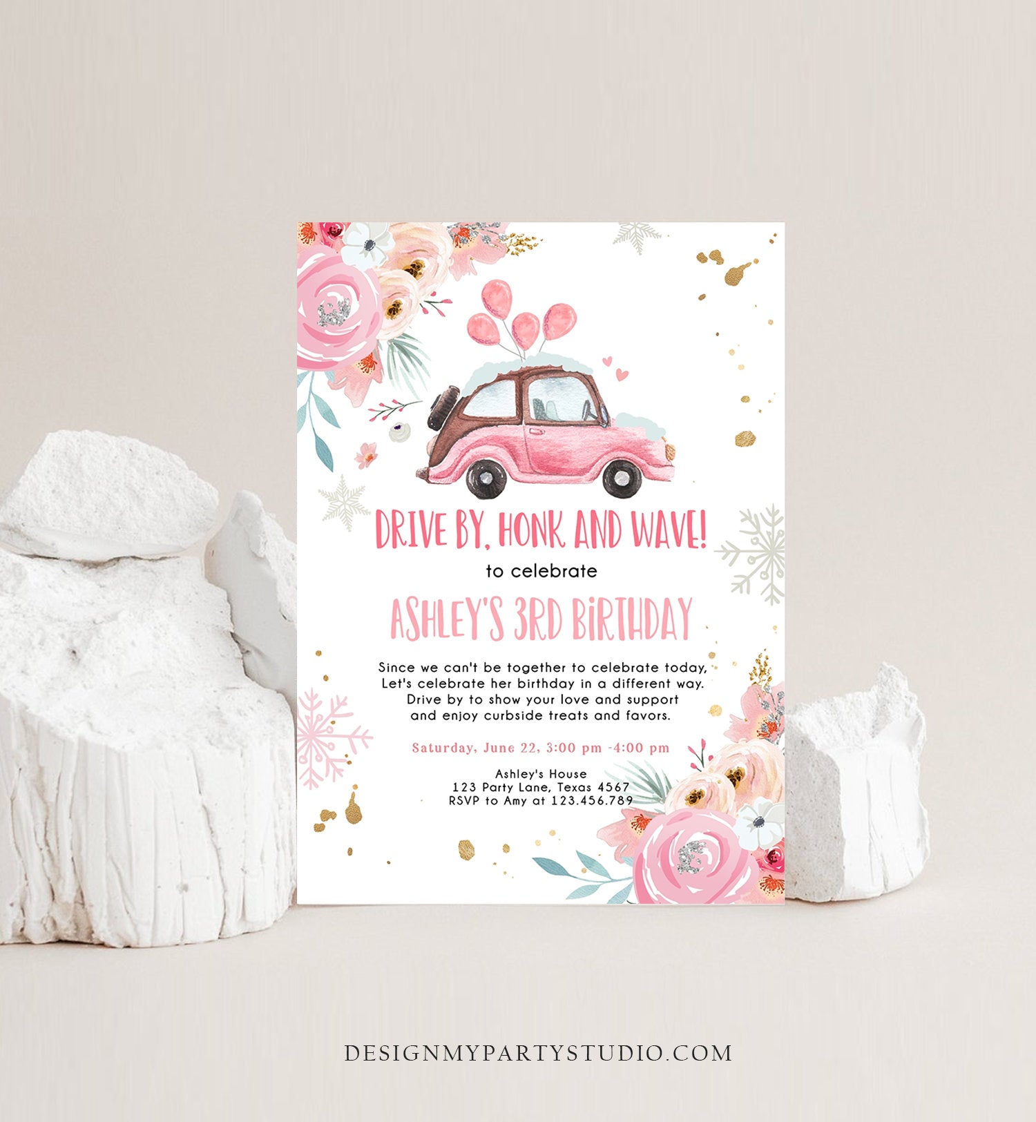 Editable Winter Drive By Birthday Parade Invitation Virtual Party Invite Snowflake Girl Pink Floral Quarantine Download Digital Corjl 0335