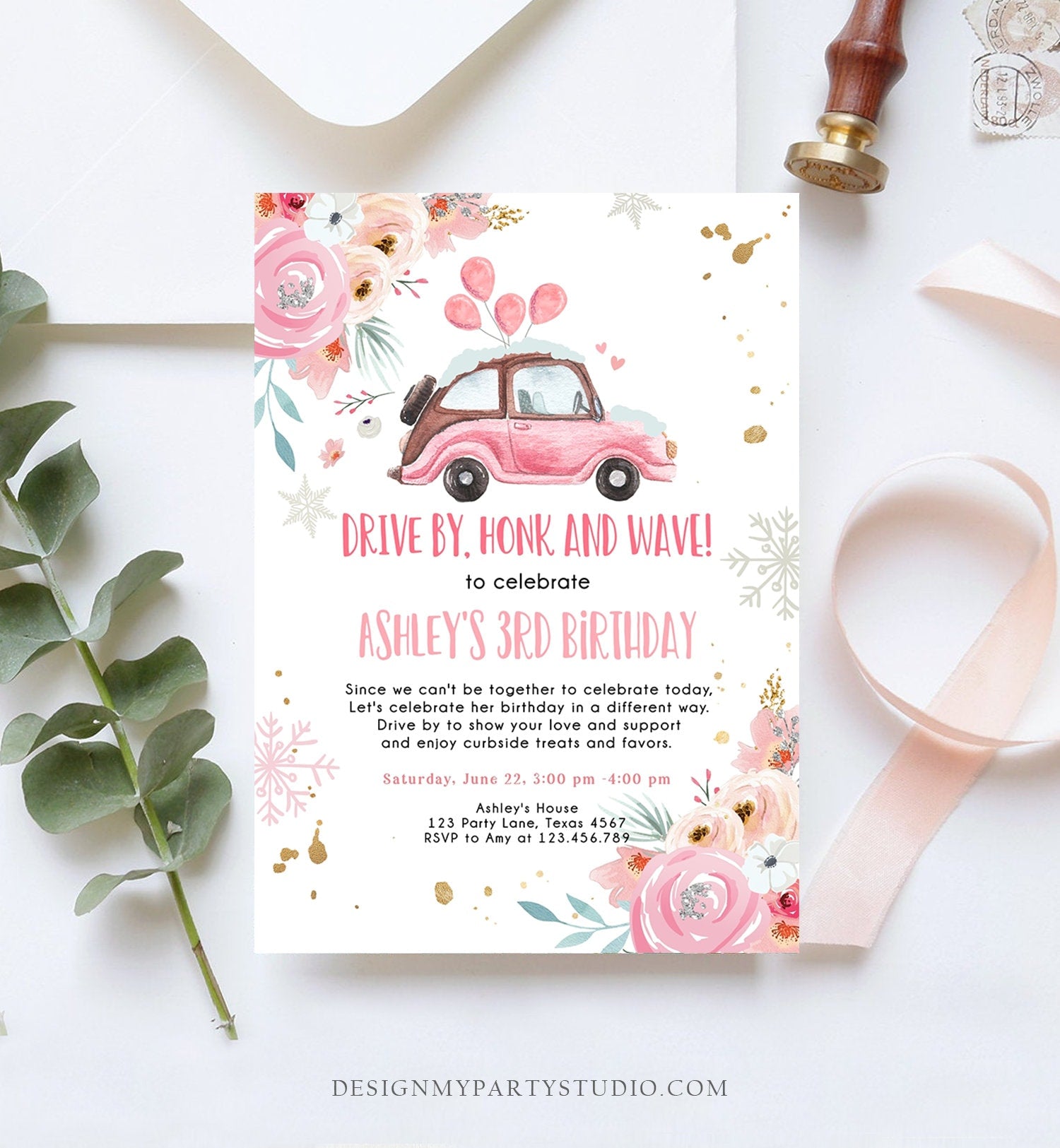 Editable Winter Drive By Birthday Parade Invitation Virtual Party Invite Snowflake Girl Pink Floral Quarantine Download Digital Corjl 0335