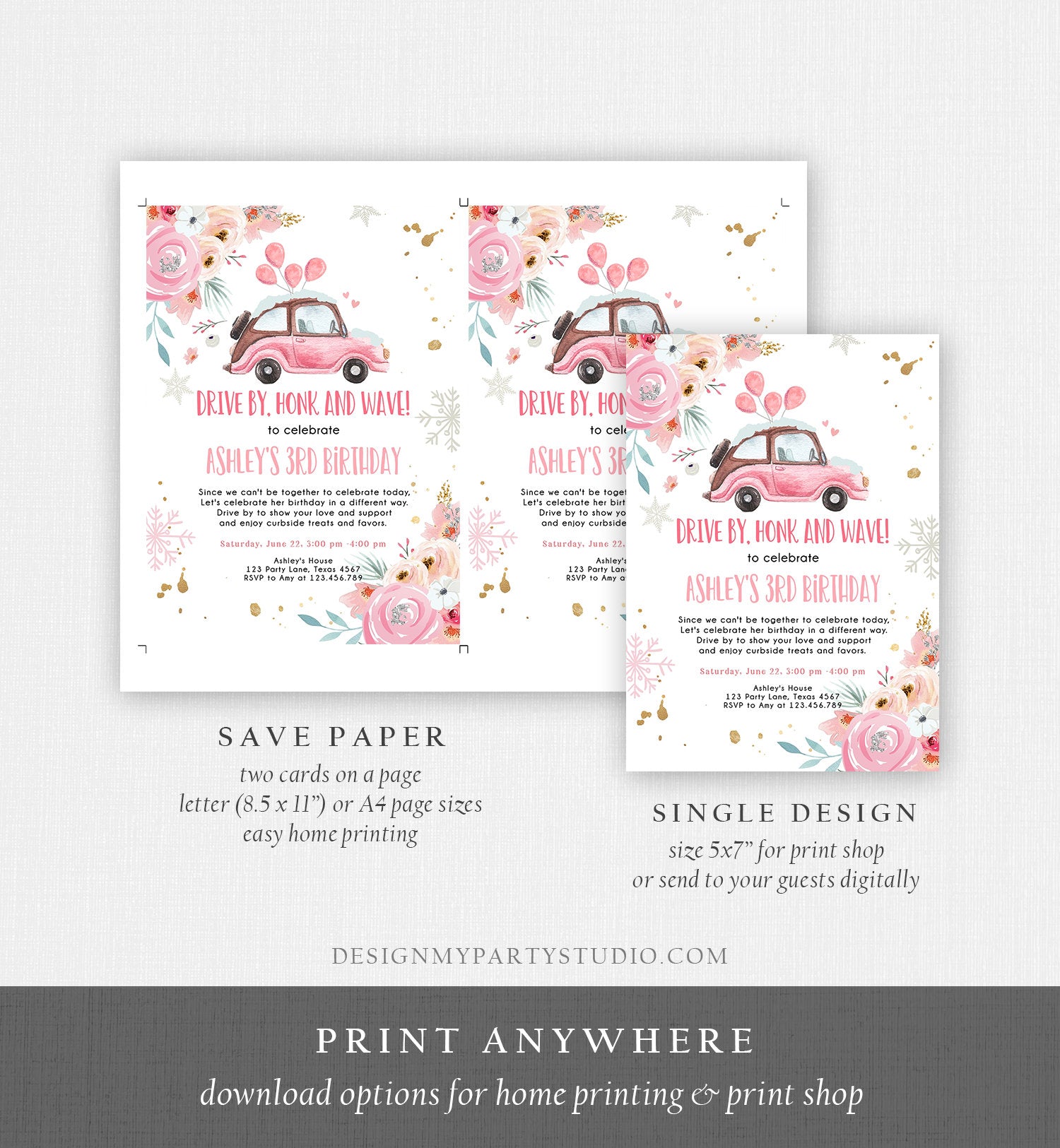 Editable Winter Drive By Birthday Parade Invitation Virtual Party Invite Snowflake Girl Pink Floral Quarantine Download Digital Corjl 0335