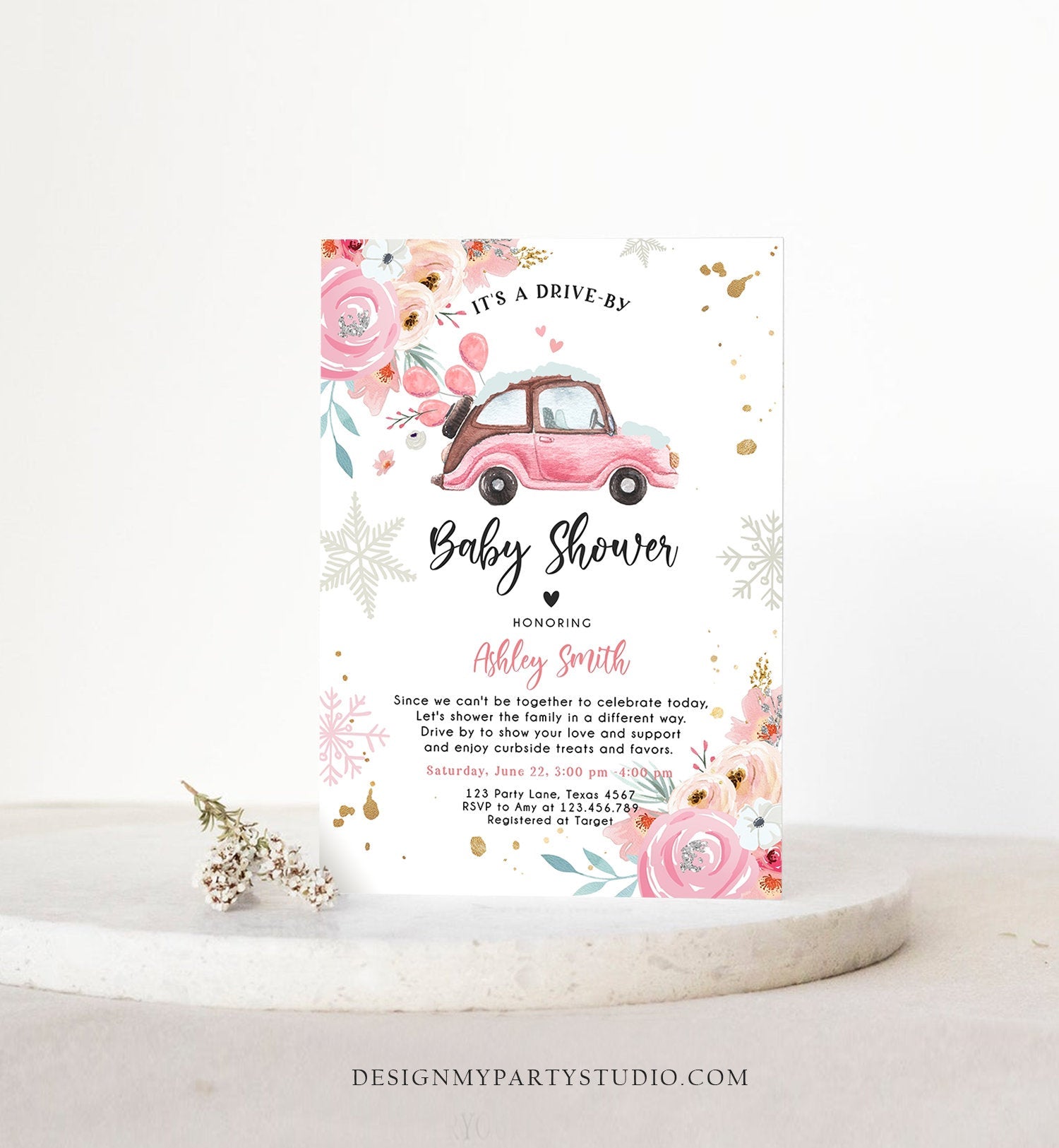 Editable Winter Drive By Baby Shower Invitation Pink Girl Baby Shower Invite Quarantine Drive Through Floral Template Download Corjl 0335