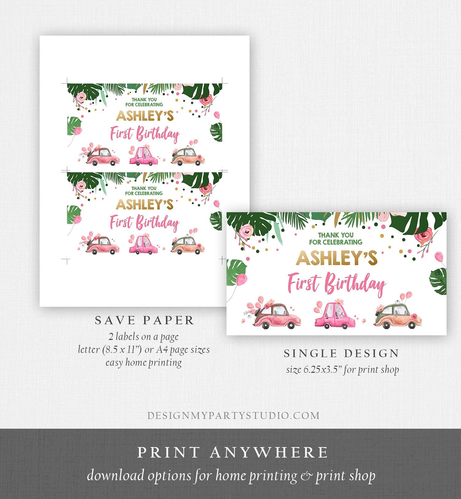 Editable Drive By Birthday Parade Gable Gift Box Labels Safari Gold Pink Drive Through Wild One Jungle Quarantine Cars Digital Corjl 0332