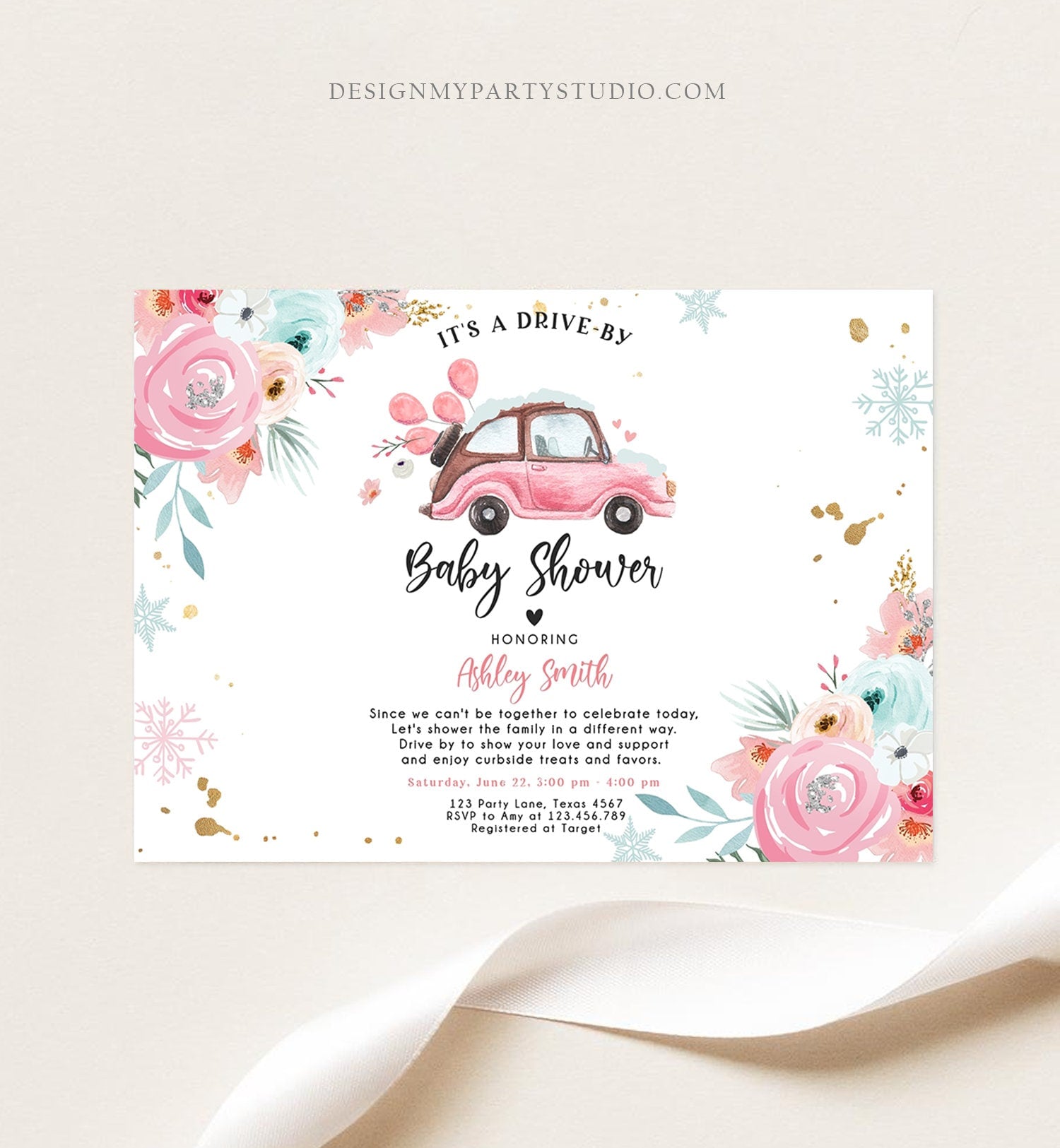 Editable Winter Drive By Baby Shower Invitation Pink Girl Baby Shower Invite Quarantine Drive Through Floral Template Download Corjl 0335