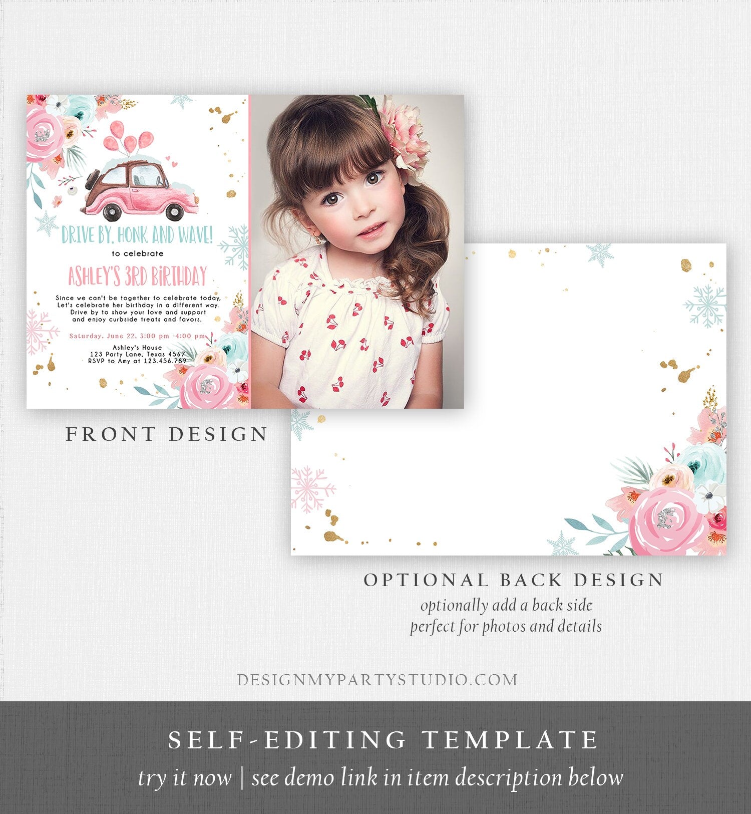 Editable Winter Drive By Birthday Parade Invitation Virtual Party Invite Snowflake Girl Pink Floral Quarantine Download Digital Corjl 0335