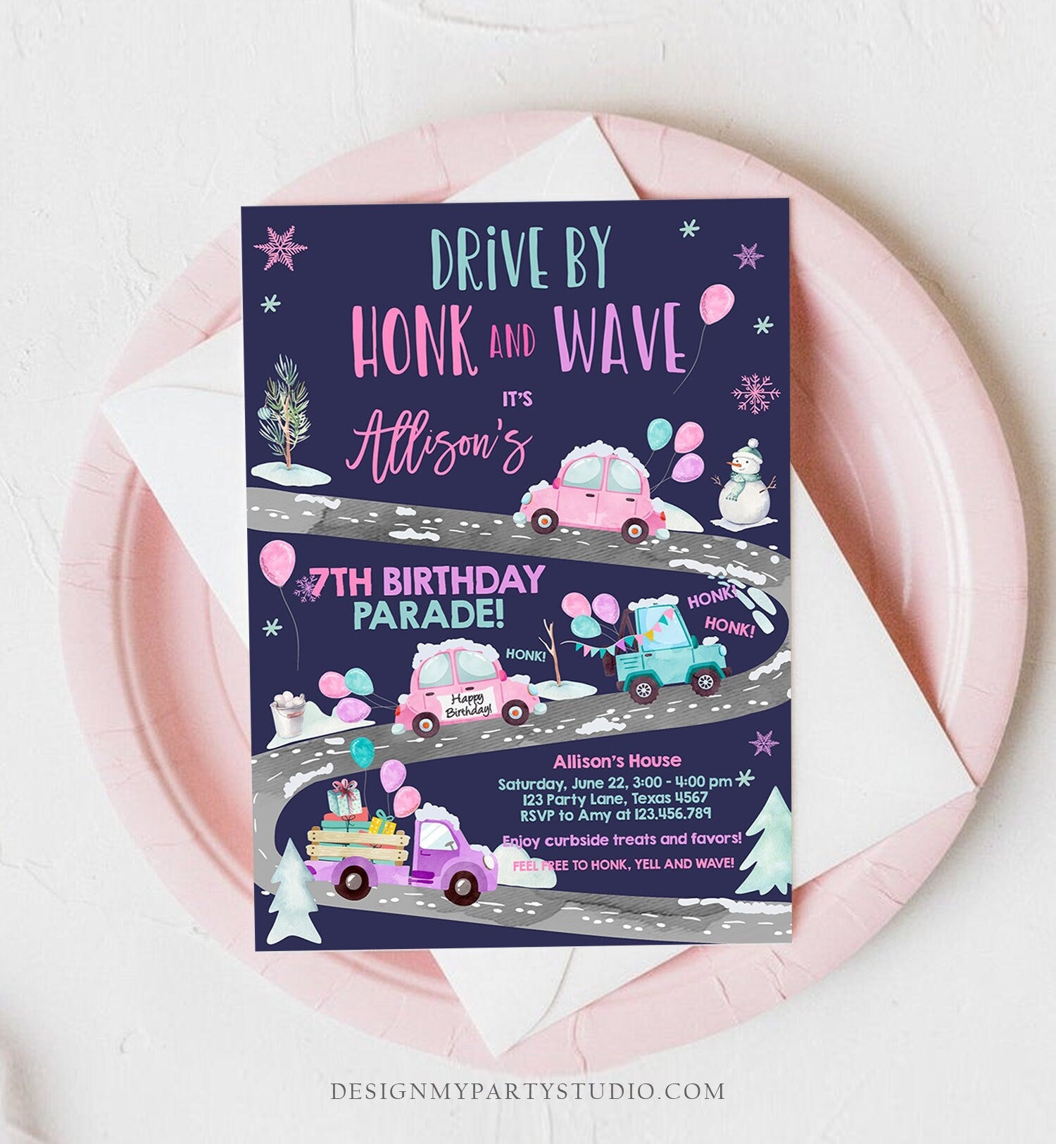 Editable Winter Drive By Birthday Invitation Parade Winter Onederland Virtual Party Invite Girl Pink Quarantine Download Digital Corjl 0333