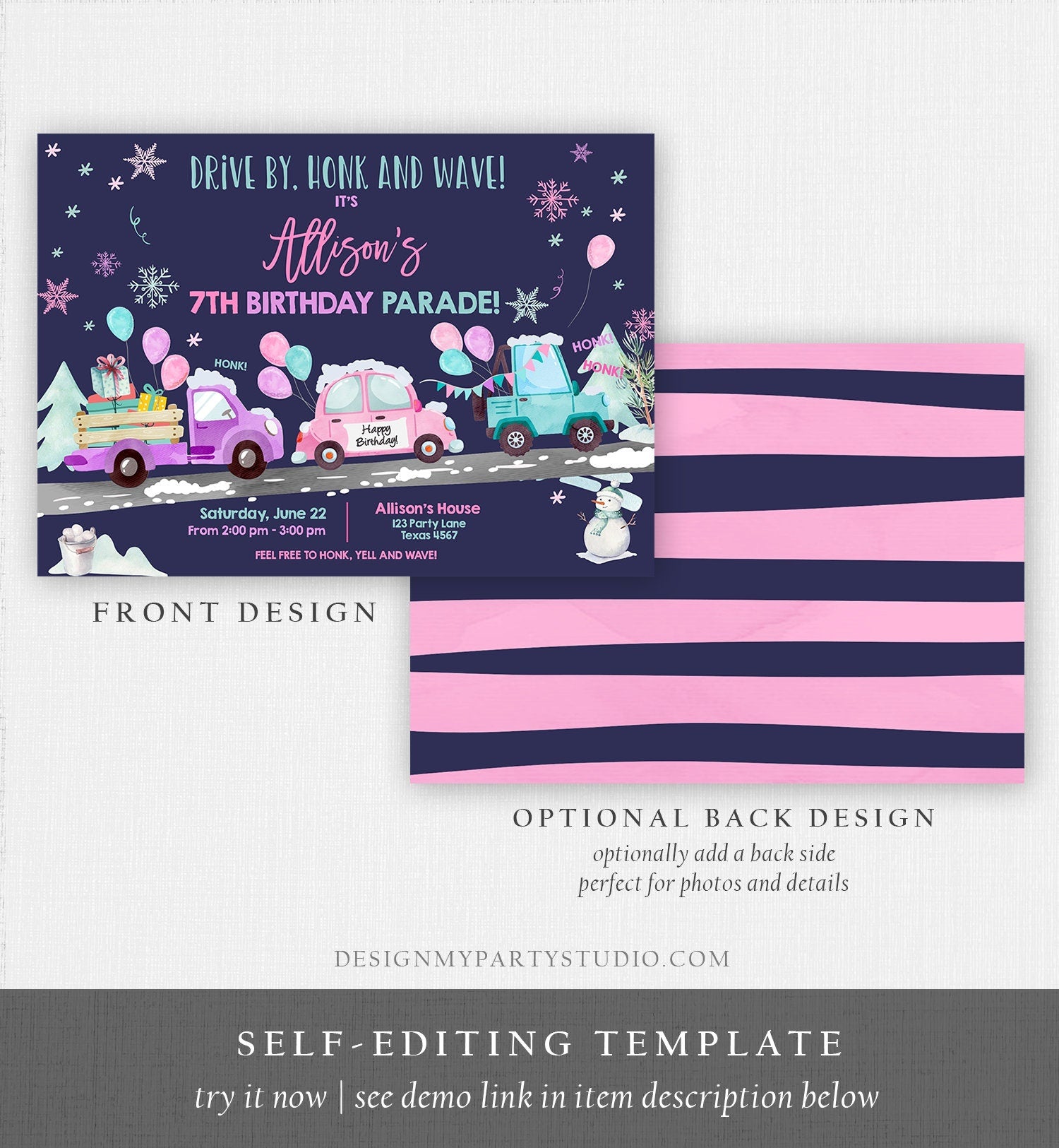 Editable Winter Drive By Birthday Invitation Parade Winter Onederland Virtual Party Invite Girl Pink Quarantine Download Digital Corjl 0333