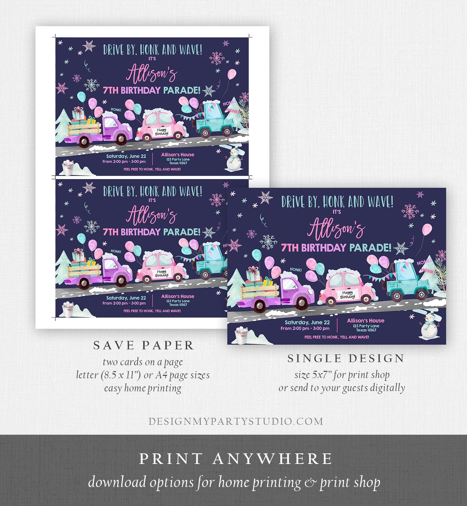 Editable Winter Drive By Birthday Invitation Parade Winter Onederland Virtual Party Invite Girl Pink Quarantine Download Digital Corjl 0333