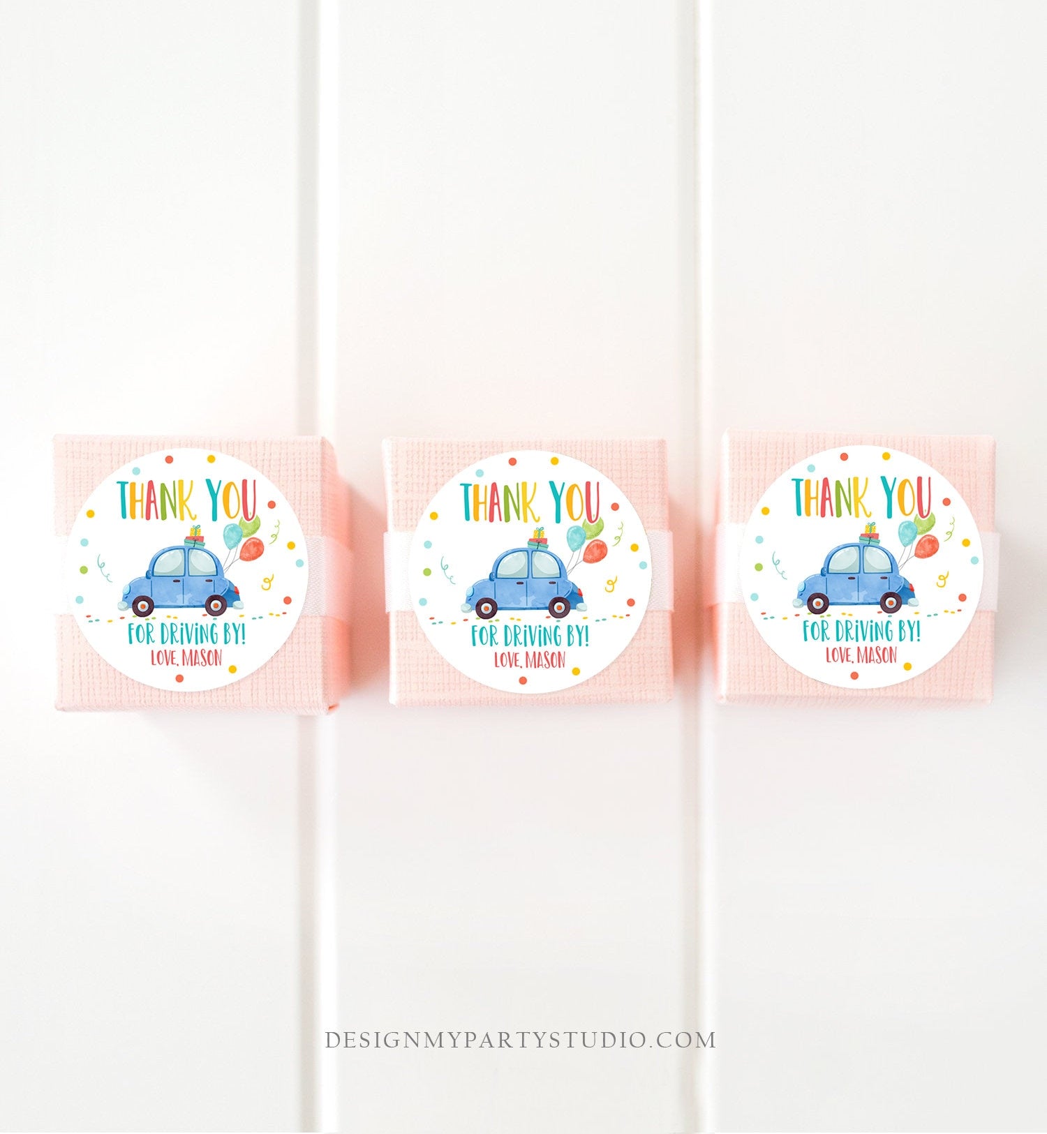Editable Drive By Favor Tag Drive By Birthday Parade Thank You Gift Tags Quarantine Blue Car Boy Round Square Sticker Corjl Template 0333