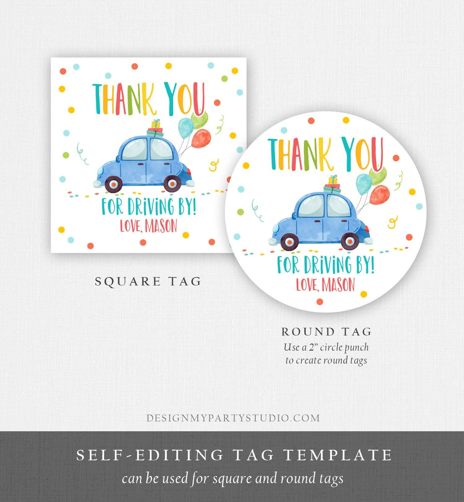 Editable Drive By Favor Tag Drive By Birthday Parade Thank You Gift Tags Quarantine Blue Car Boy Round Square Sticker Corjl Template 0333