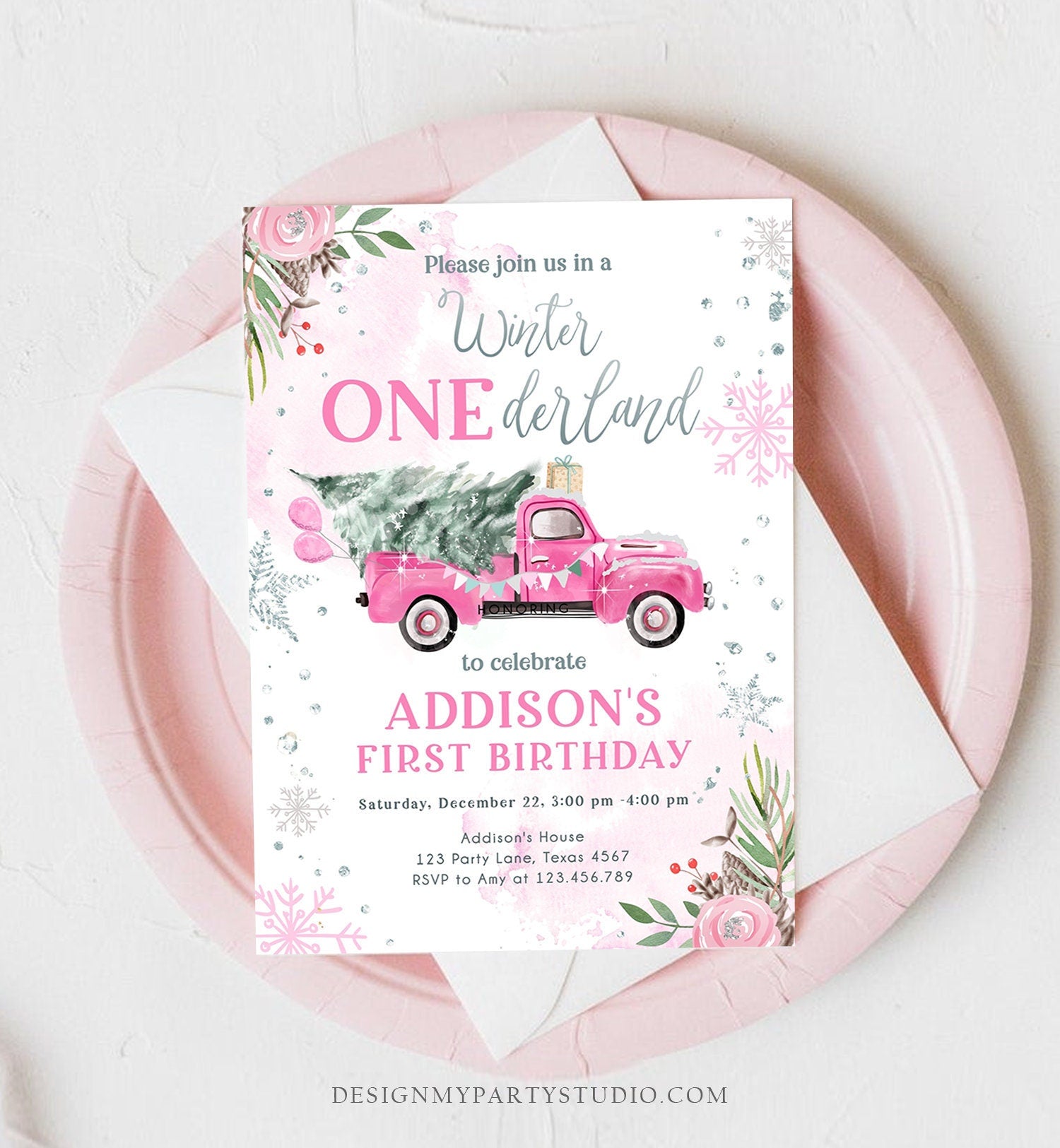 Editable Winter Onederland Winter 1st Birthday Invitation Winter Pink Silver Floral Truck Trees Girl First Printable Template DIY 0356