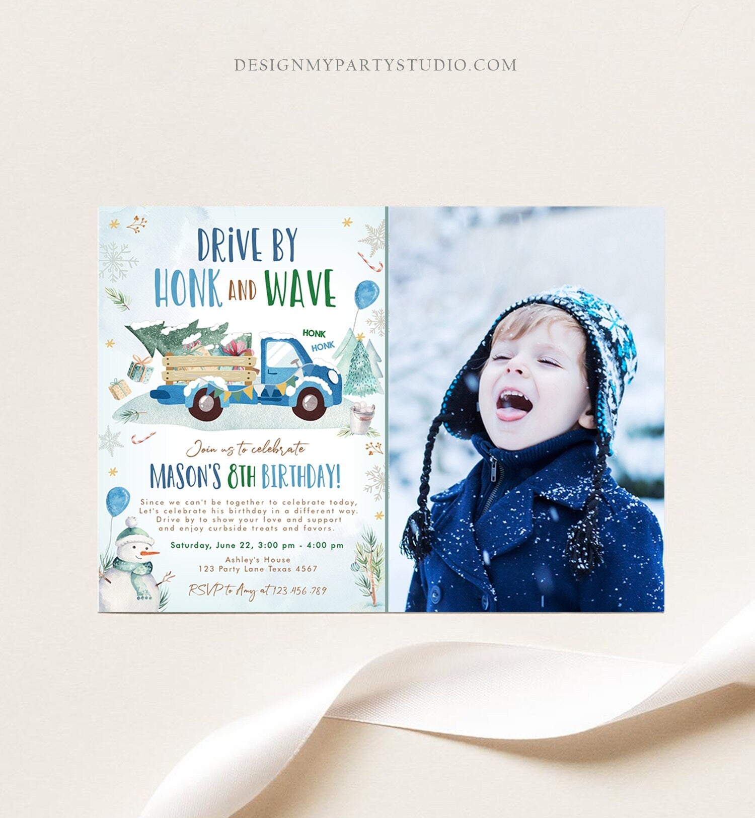 Editable Winter Drive By Birthday Invitation Parade Winter Onederland Virtual Party Invite Boy Blue Truck Quarantine Download Corjl 0278