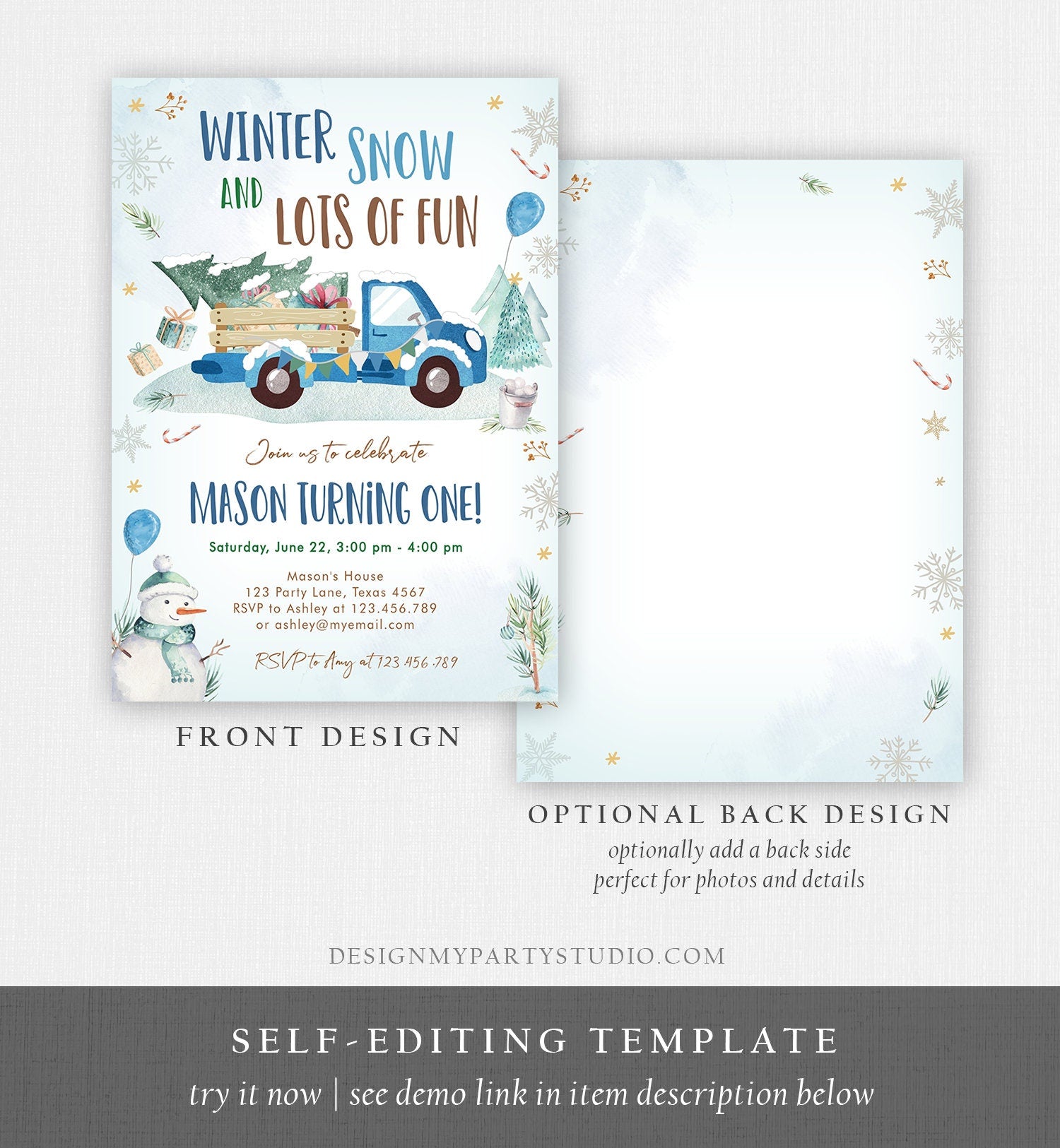 Editable Winter Truck Birthday Invitation Oh What Fun First Birthday One Blue Truck Drive By Through Download Corjl Template Printable 0278