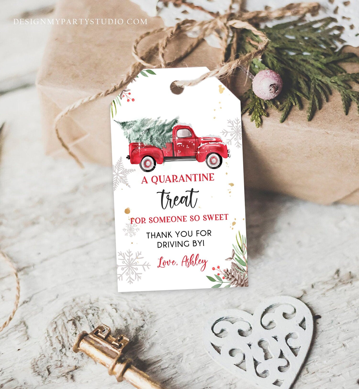 Editable Drive By Favor Tag Drive Through Baby Shower Bridal Shower Birthday Thank You Gift Quarantine Red Truck Winter Christmas Corjl 0356