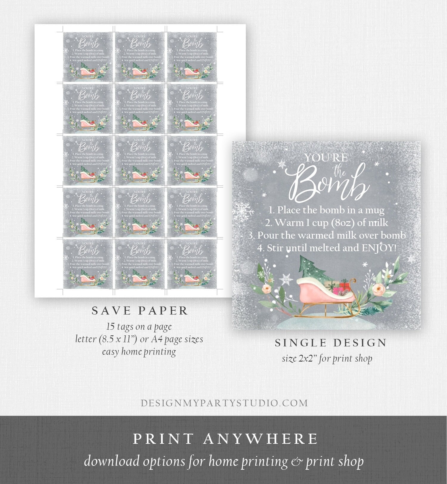 Editable Hot Chocolate Bomb Tags Bomb Instructions Sleigh Cocoa Favor Tags Winter Christmas You're The Bomb Pink Gold Digital PRINTABLE 0353