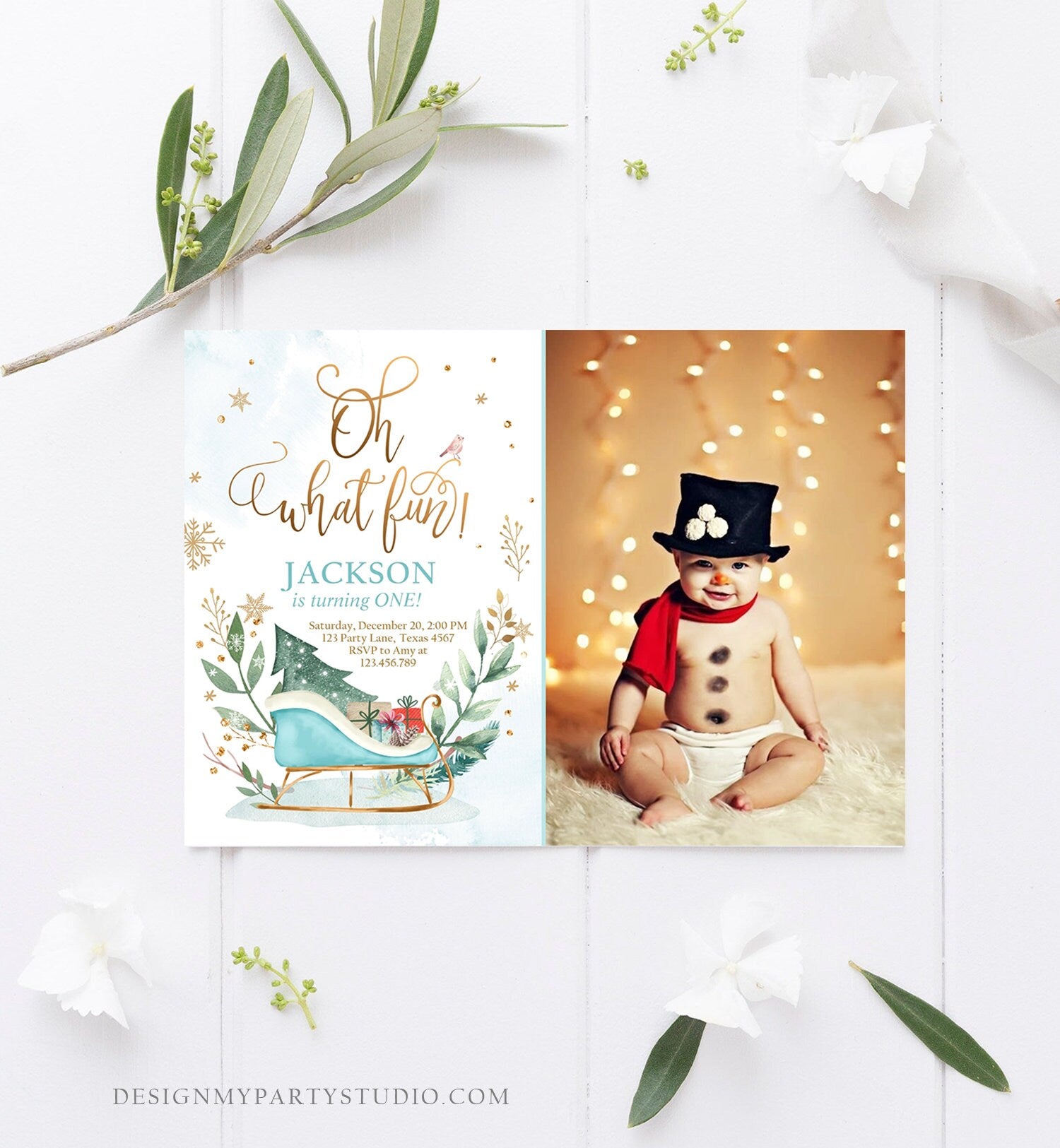 Editable Oh What Fun! Holiday 1st Winter Birthday Invitation Winter Christmas Party Sleigh Trees Boy Blue Gold Printable Template DIY 0353