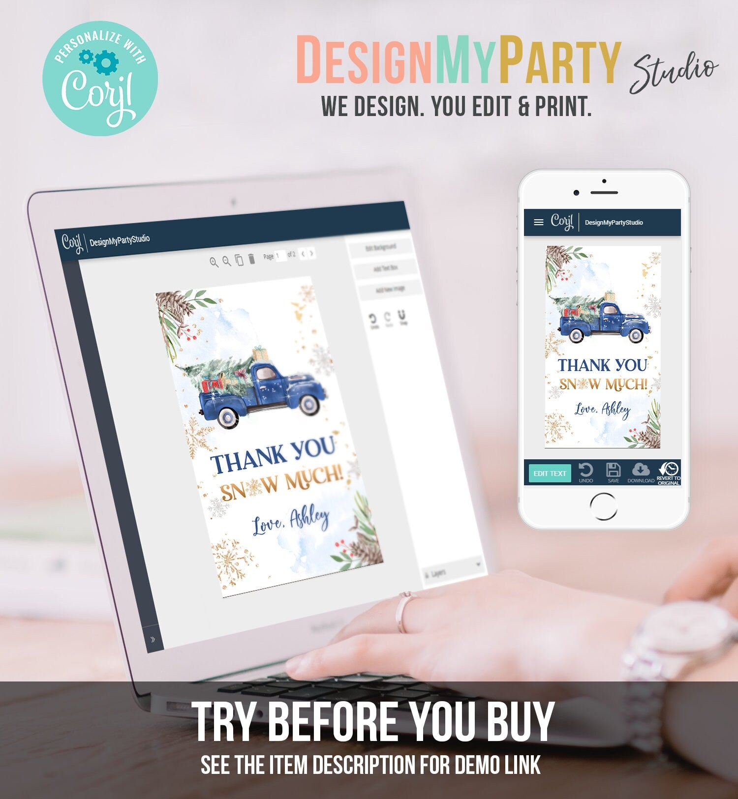 Editable Blue Truck Winter Favor Tag Holiday Christmas Thank You Snow Much Baby Shower Bridal Shower Birthday Gift Tag Corjl Printable 0356