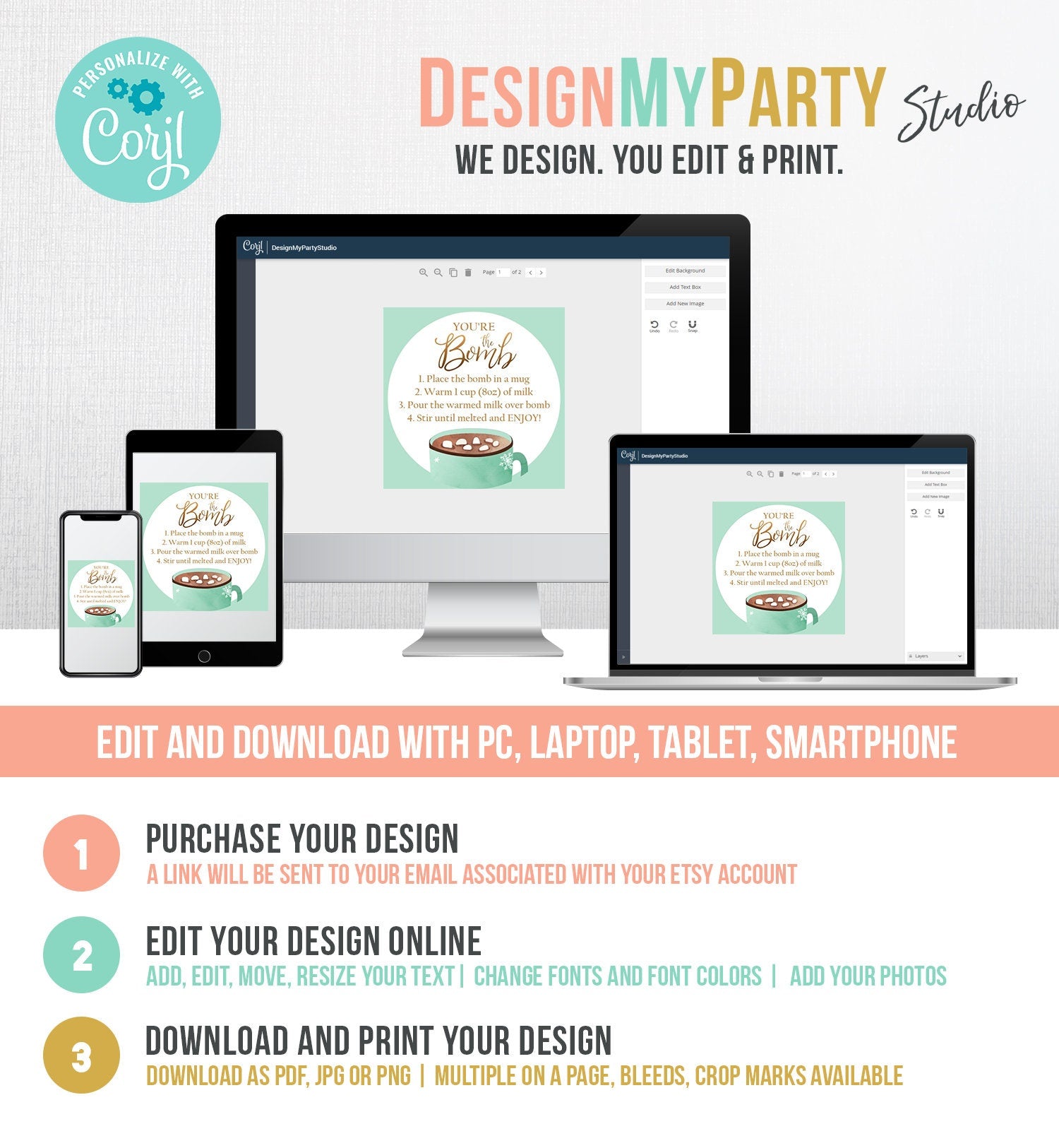 Editable Hot Chocolate Bomb Tags Bomb Instructions Cookies and Cocoa Favor Tag Winter Christmas You're The Bomb Green Digital PRINTABLE 0353