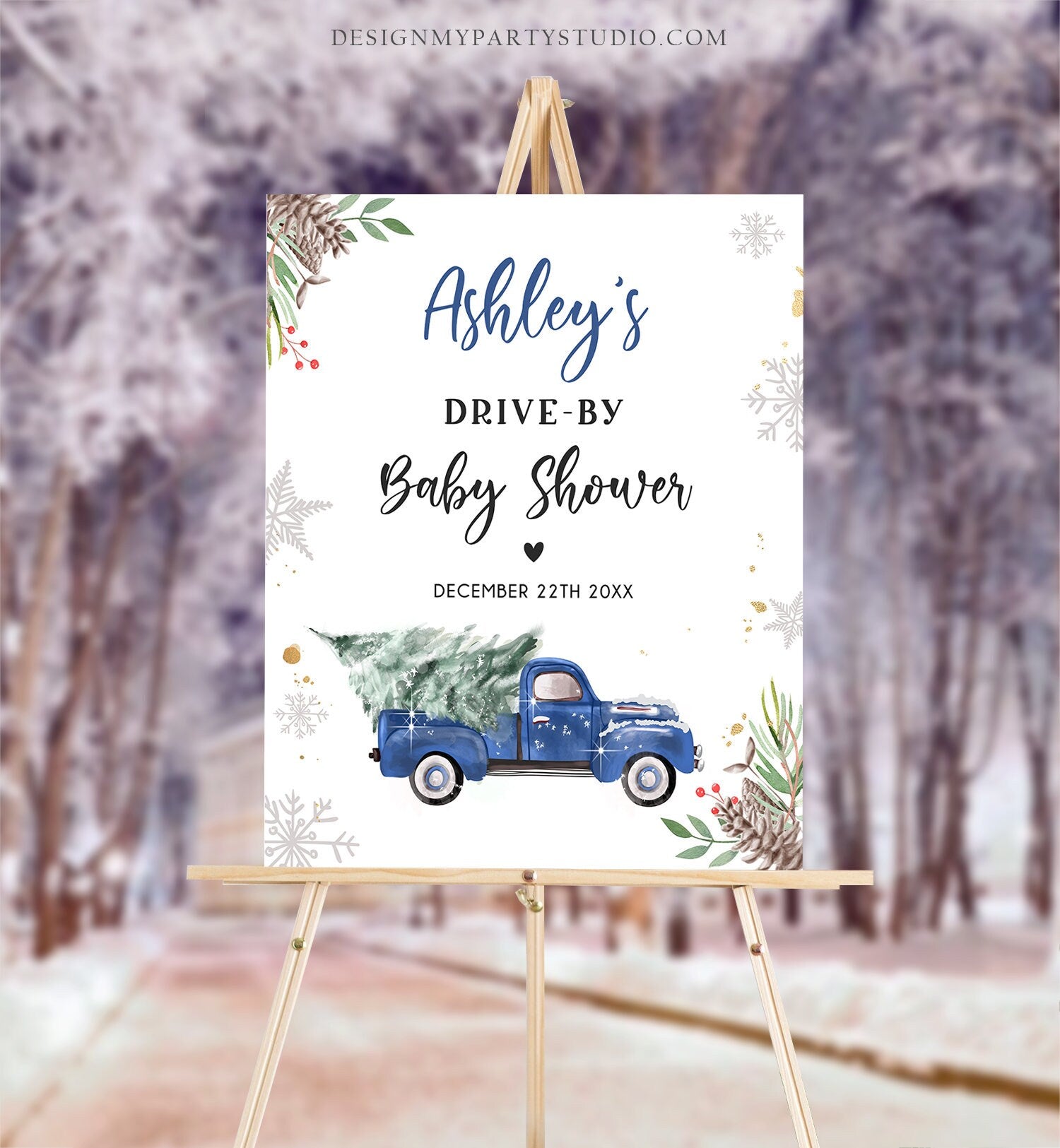 Editable Drive By Baby Shower Welcome Sign Christmas Tree Blue Truck Winter Yard Snow Snowflakes Watercolor Corjl Template PRINTABLE 0356