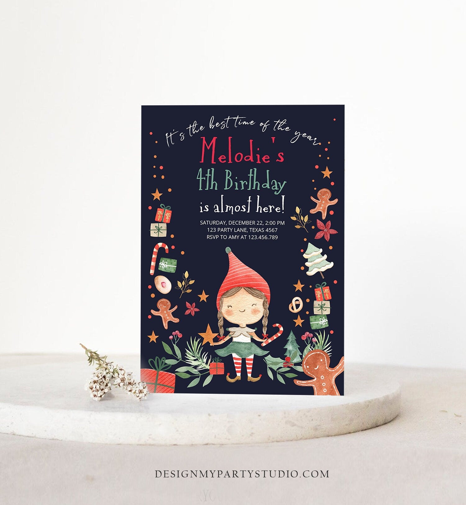 Editable Christmas Birthday Party Invitation Elf Birthday Invite Winter Best Time of The Year Girl Pink Gold Printable Template DIY 0358