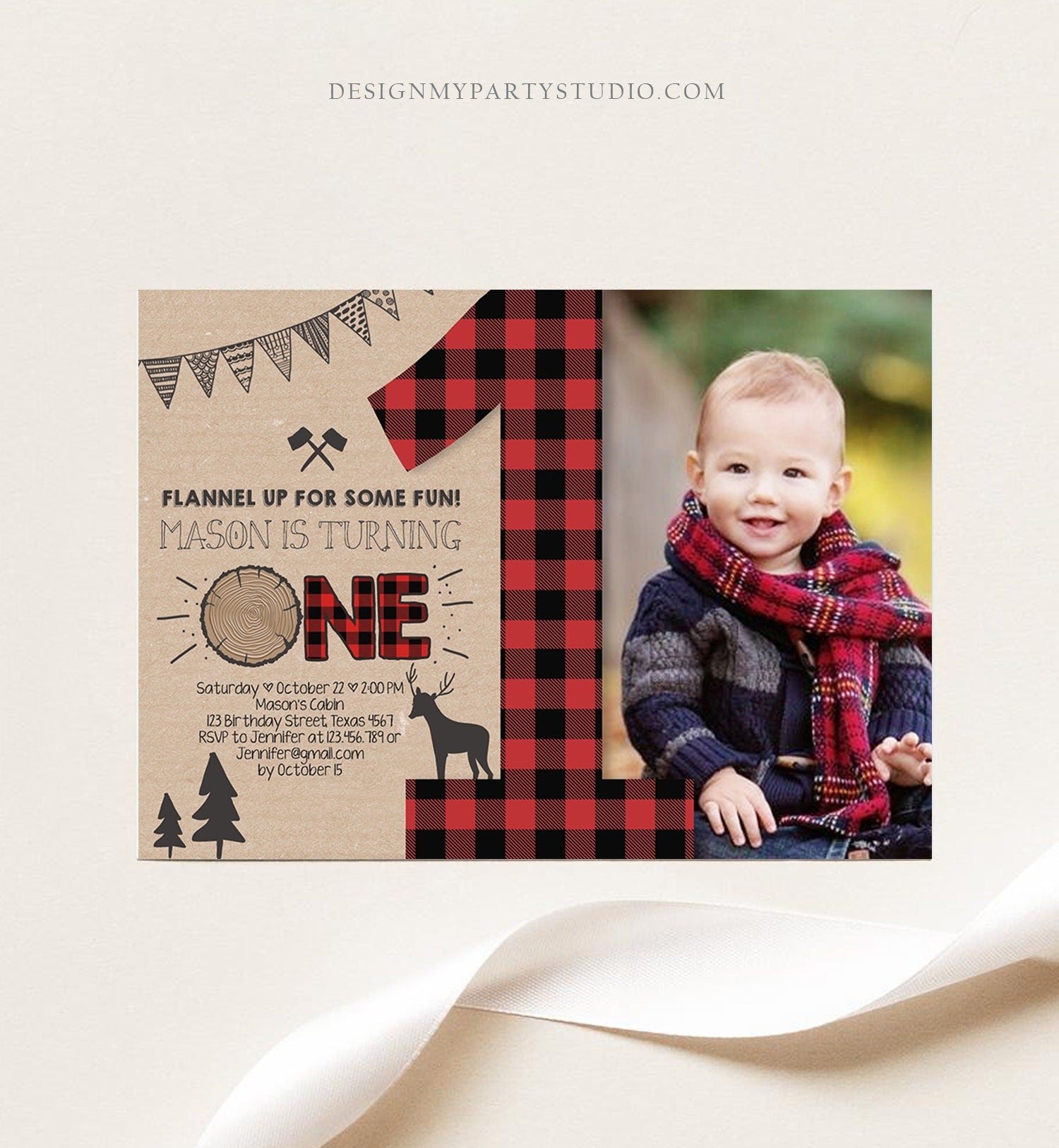 Editable Lumberjack Birthday Invitation Rustic Woodland Birthday Deer Forest Red Plaid Instant Download Printable Template Corjl 0026