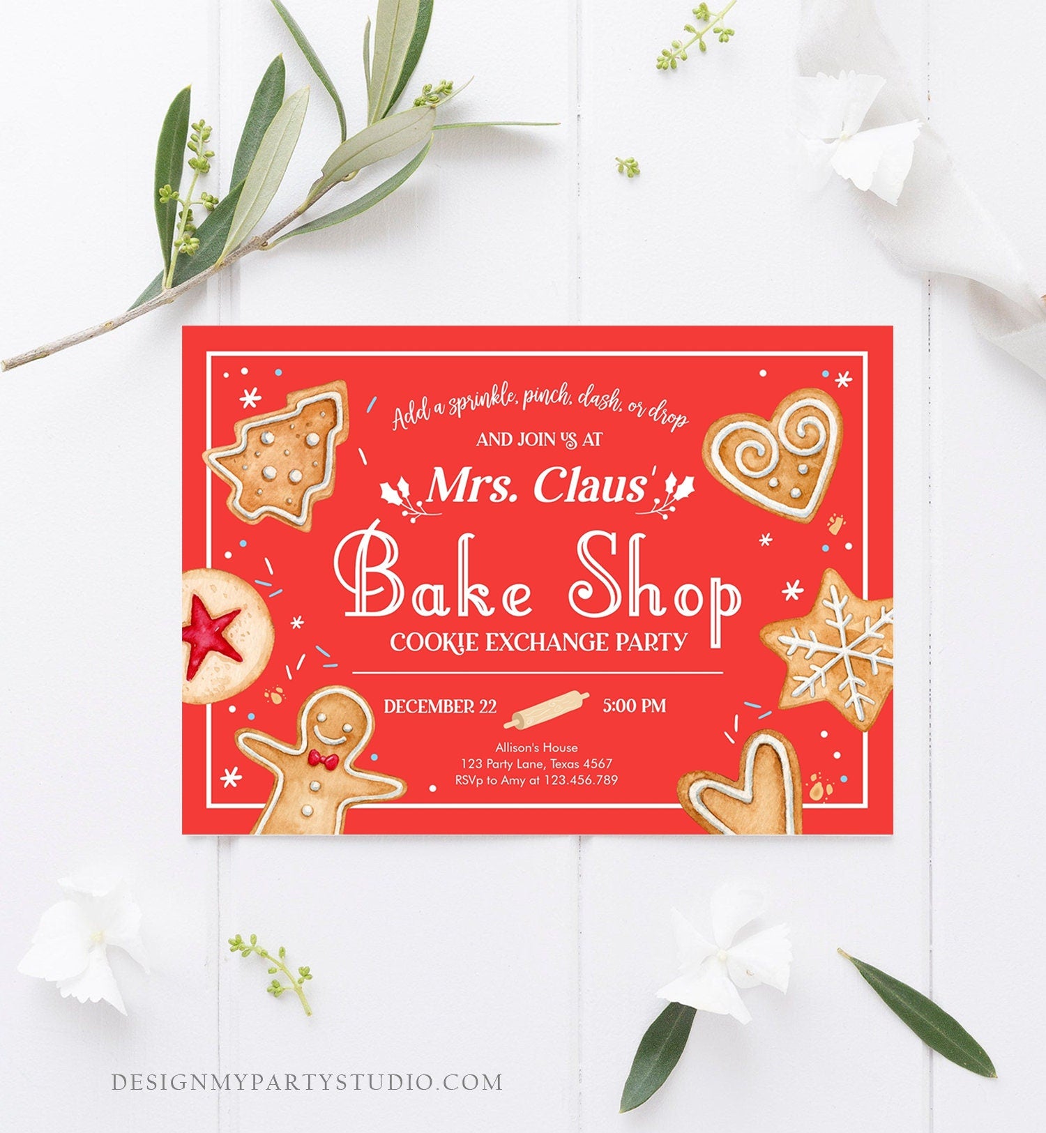 Editable Holiday Cookie Exchange Party Invitation Mrs. Claus Bake Shop Cookie Christmas Red Invite Download Printable Template Corjl 0360