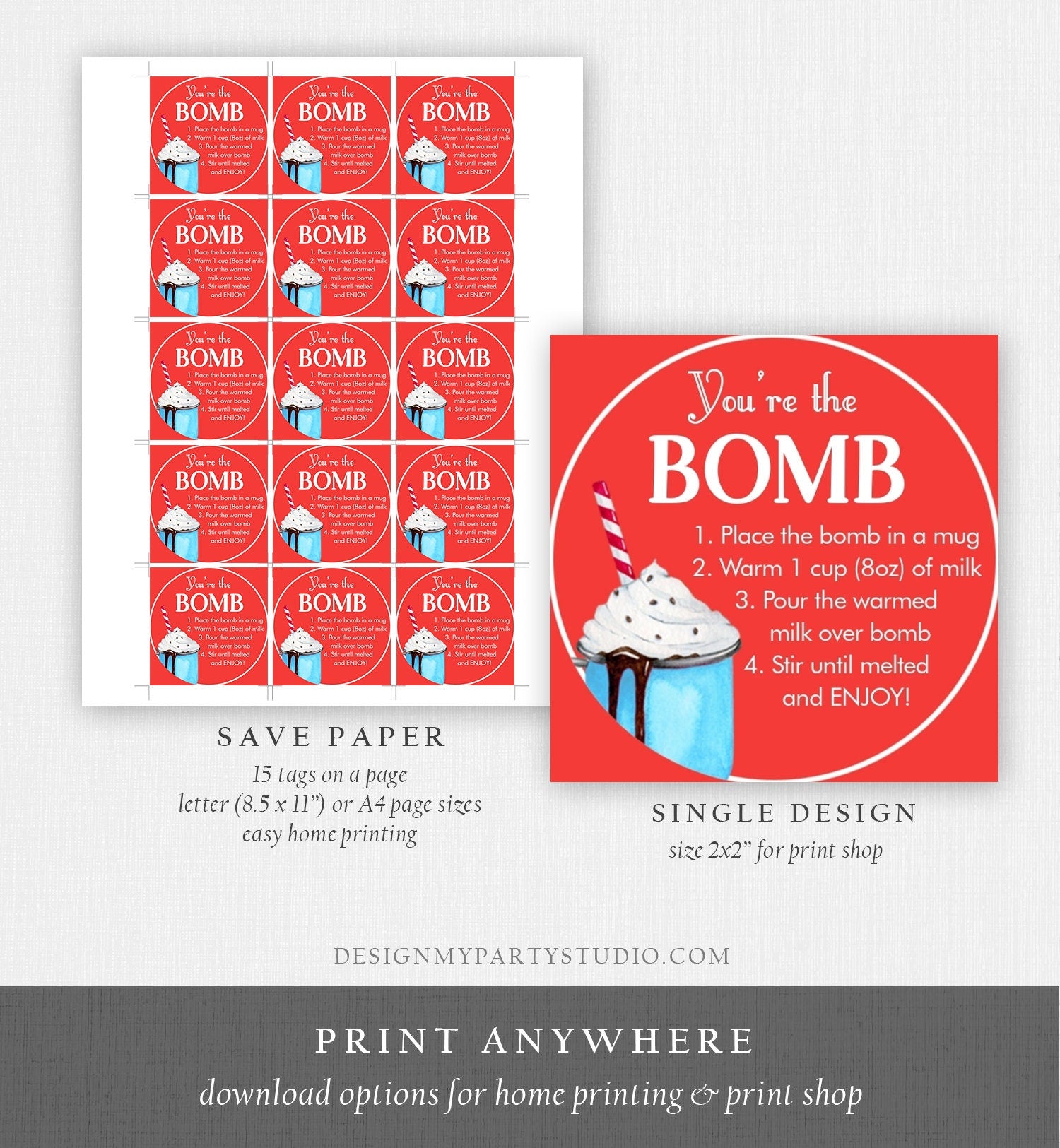 Editable Hot Chocolate Bomb Tags Bomb Instructions Cookies and Cocoa Favor Tags Winter Christmas You're The Bomb Red Digital PRINTABLE 0360