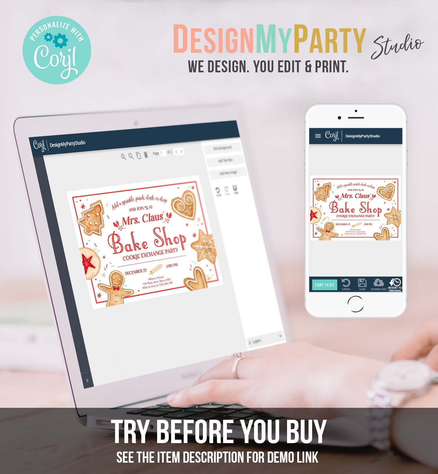 Editable Holiday Cookie Exchange Party Invitation Mrs. Claus Bake Shop Cookie Christmas Red Invite Download Printable Template Corjl 0360