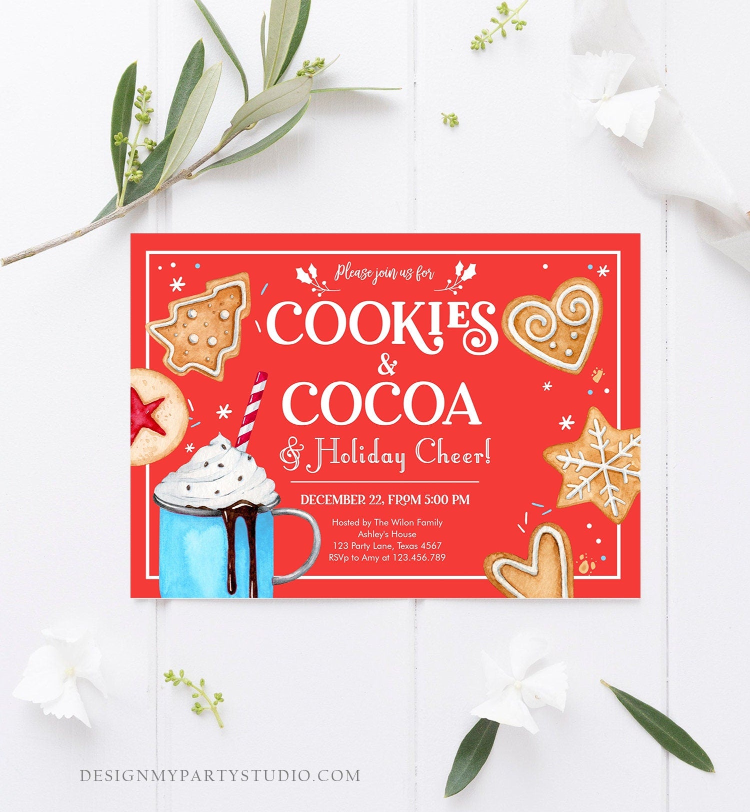 Editable Cookies and Cocoa Invitation Hot Cocoa Party Invite Hot Chocolate Holiday Cookie Exchange Download Printable Template Corjl 0360