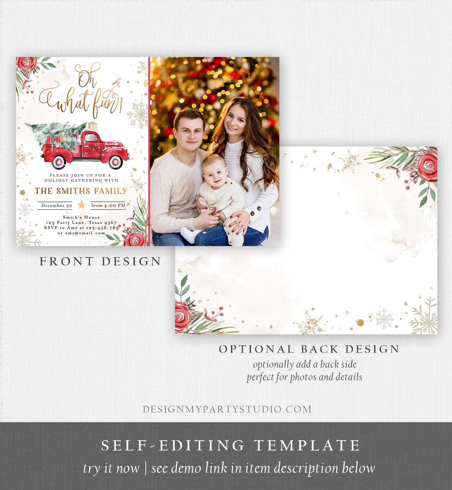 Editable Oh What Fun! Holiday Party Christmas Party Invitation Red Truck Tree Winter Birthday Personalized Printable Template Corjl 0356