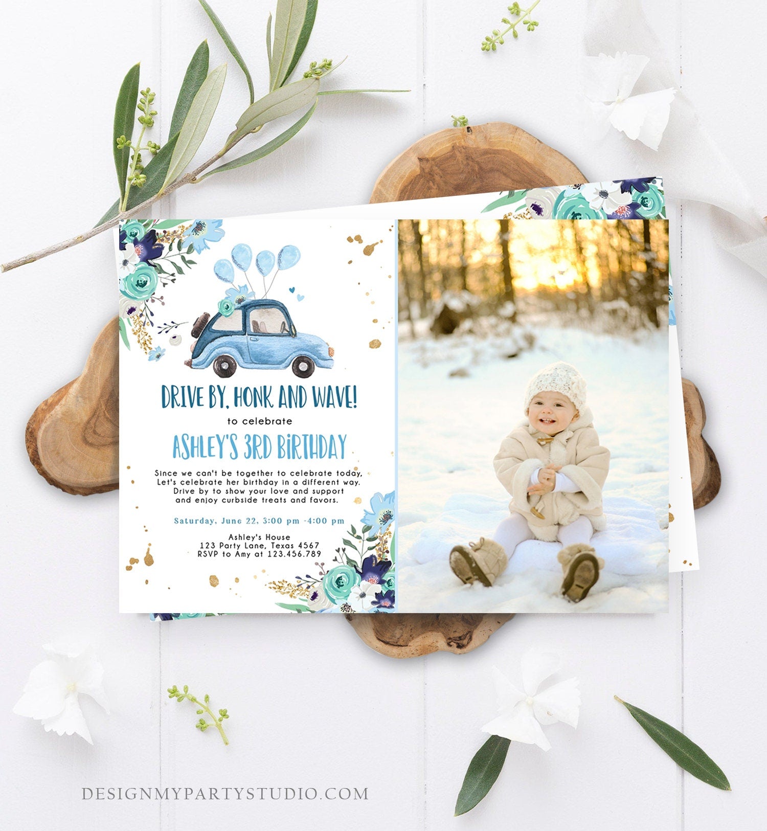 Editable Drive By Birthday Parade Invitation Virtual Party Invite Honk Wave Car Girl Blue Quarantine Through Download Digital Corjl 0335