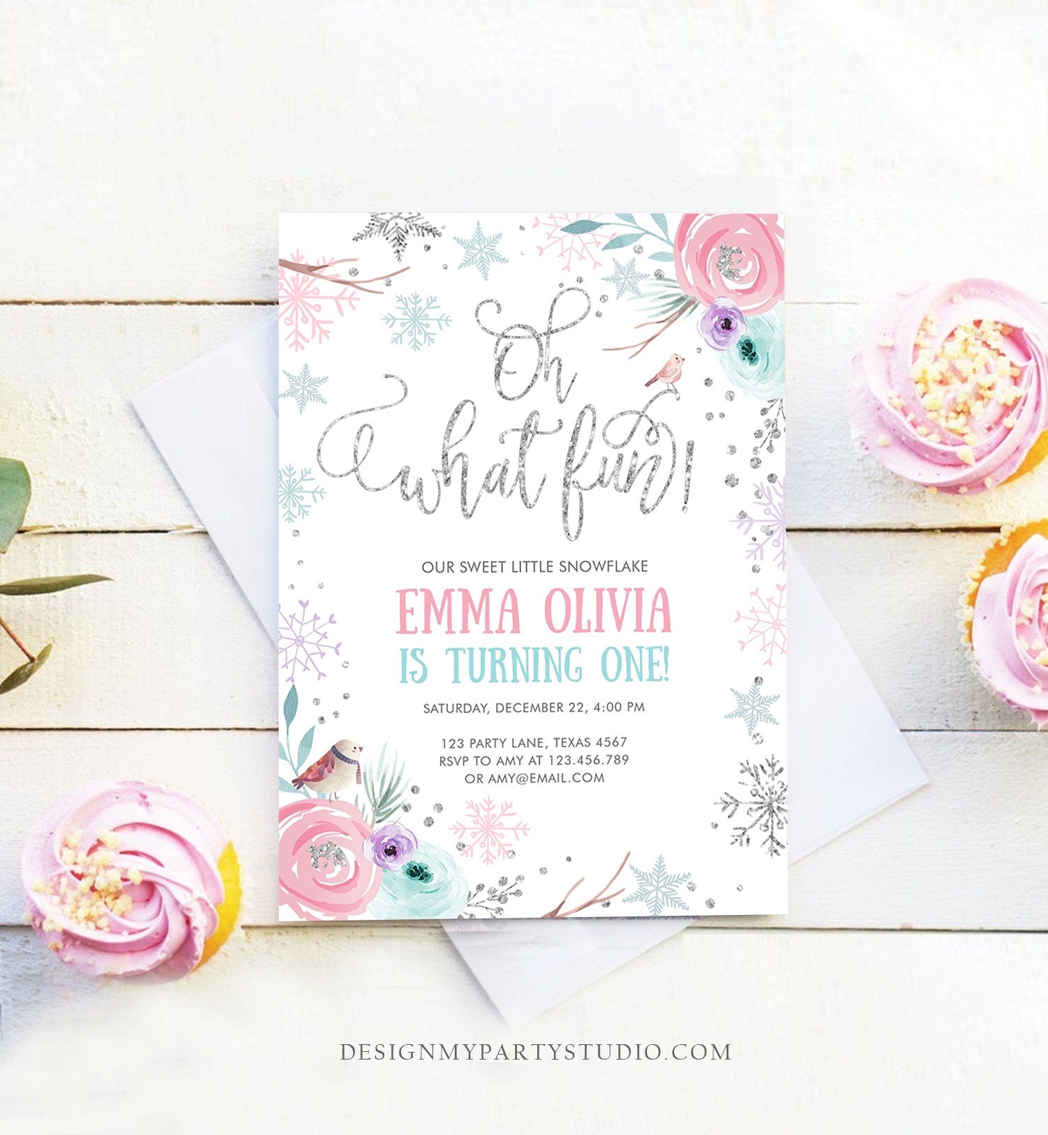 Editable Oh What Fun Birthday Invitation Winter Onederland First Birthday Snowflake Pink Silver Purple Floral Printable Template Corjl 0256