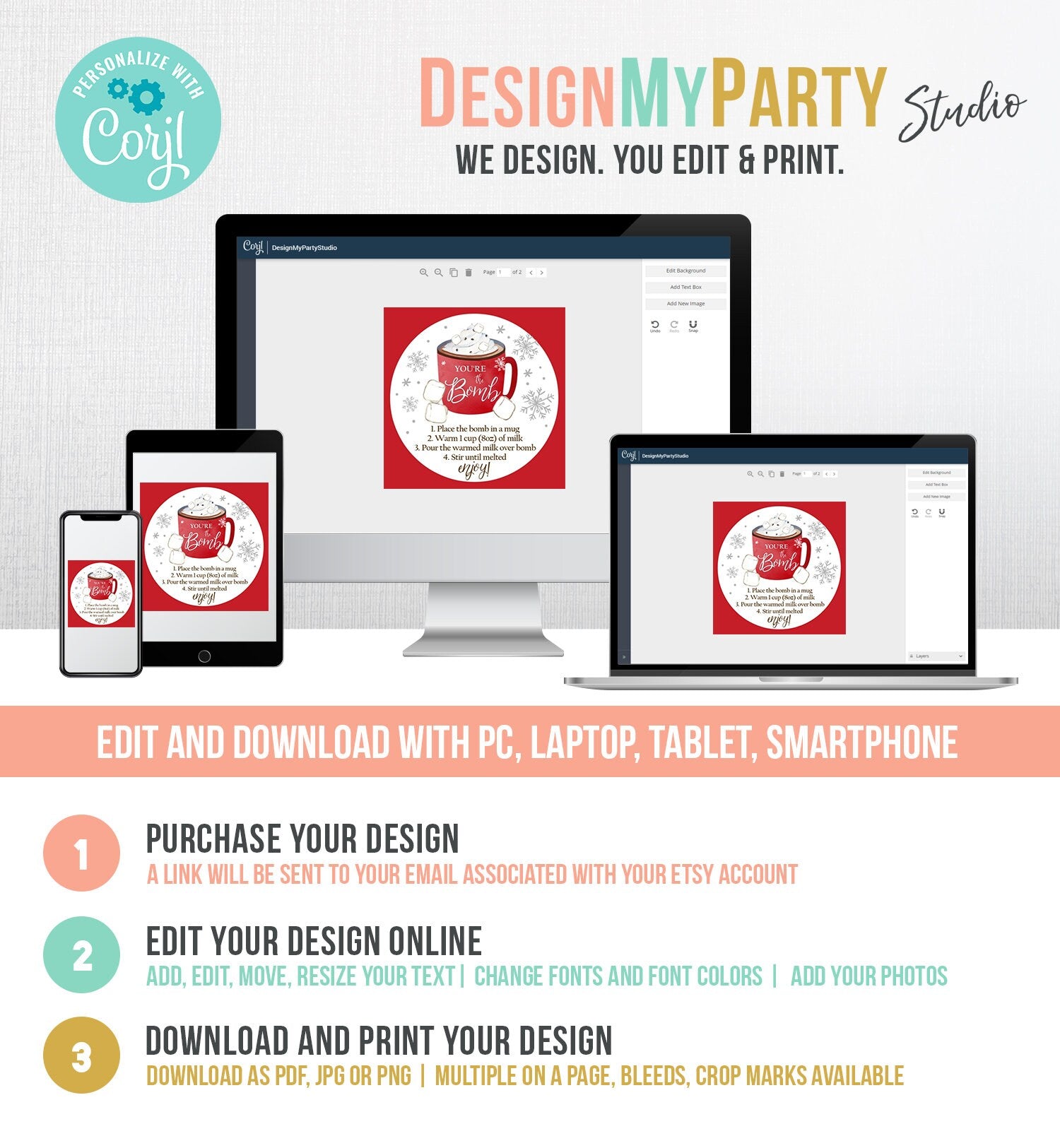 Editable Hot Chocolate Bomb Tags Bomb Instructions Cookies and Cocoa Favor Tags Winter Christmas You're The Bomb Digital PRINTABLE 0353