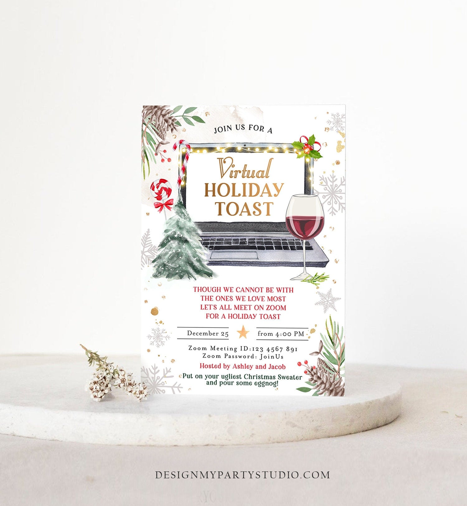 Editable Virtual Holiday Toast Invitation Christmas New Year Party Zoom Quarantine Social Distancing Laptop Printable Template Corjl 0356