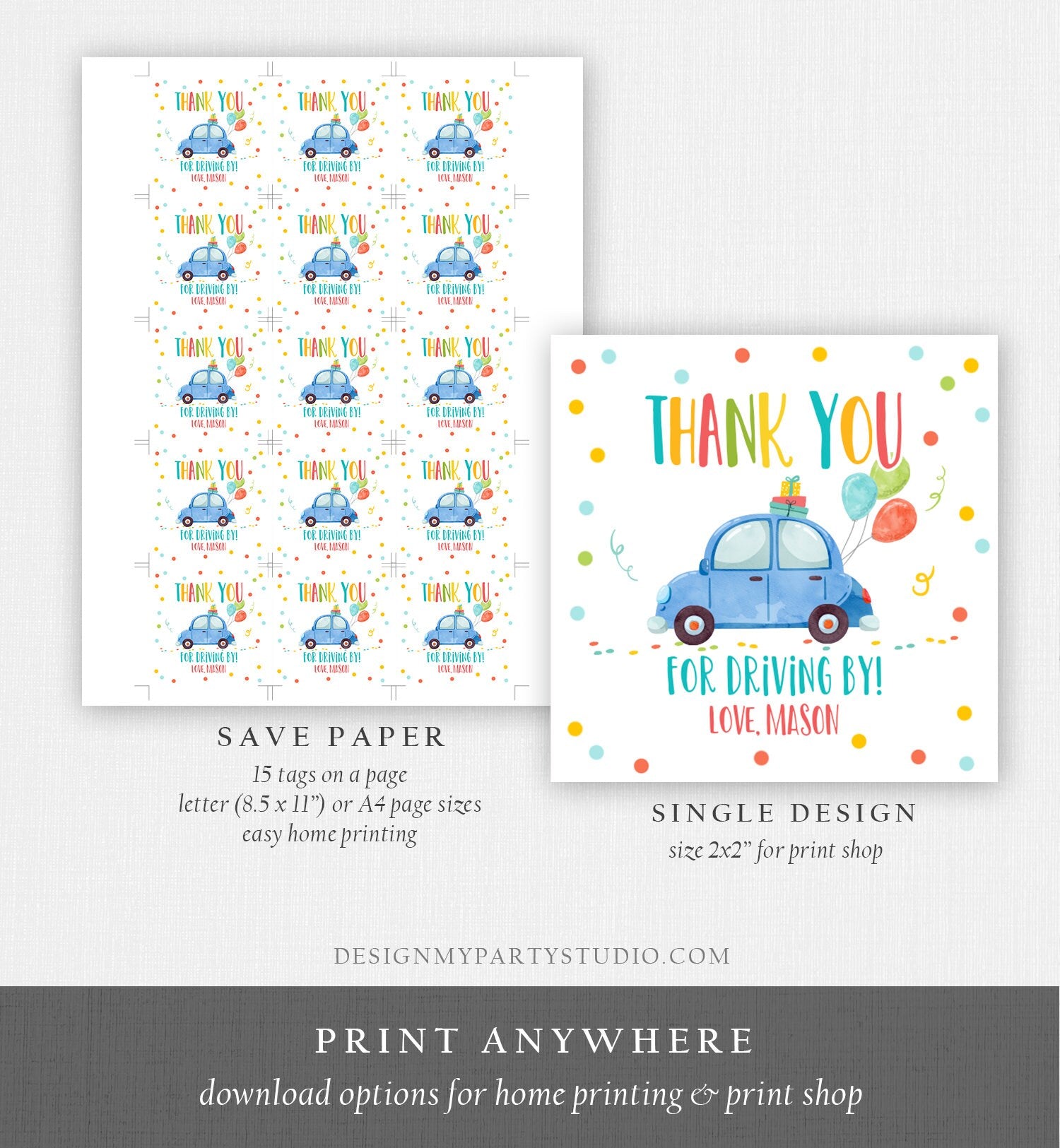 Editable Drive By Favor Tag Drive By Birthday Parade Thank You Gift Tags Quarantine Blue Car Boy Round Square Sticker Corjl Template 0333