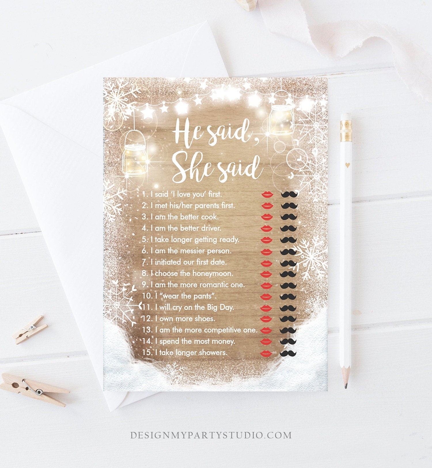 Editable He Said She Said Bridal Shower Game Winter Wedding Activity Baby Shower Its Cold Outside Rustic Wood Corjl Template Printable 0031