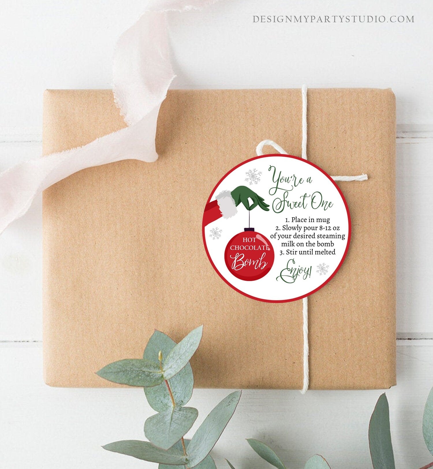 Editable Hot Chocolate Bomb Tags Bomb Instructions Green Red Holiday Favor Tags Winter Christmas You're a Sweet One Digital PRINTABLE 0358