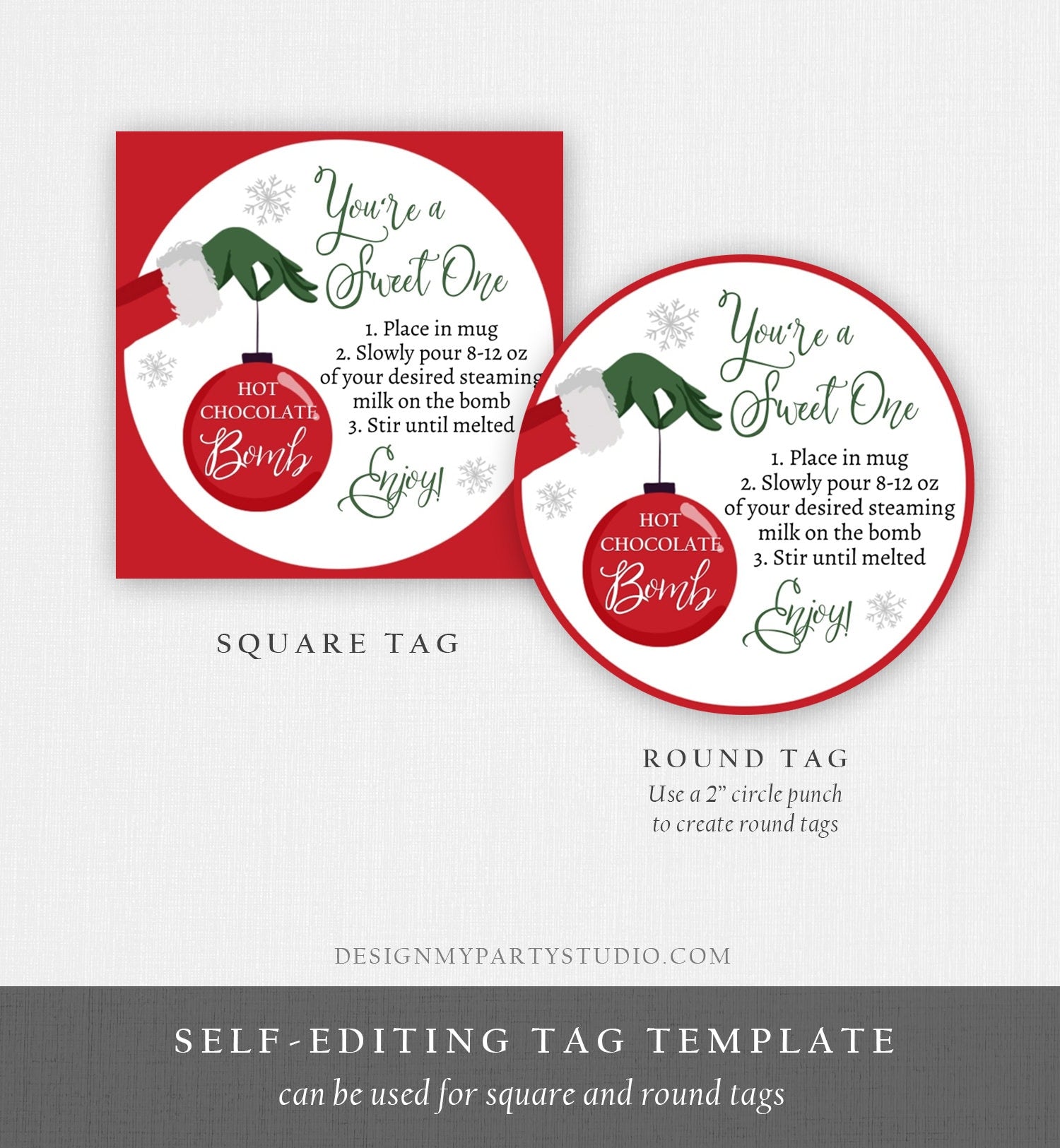 Editable Hot Chocolate Bomb Tags Bomb Instructions Green Red Holiday Favor Tags Winter Christmas You're a Sweet One Digital PRINTABLE 0358